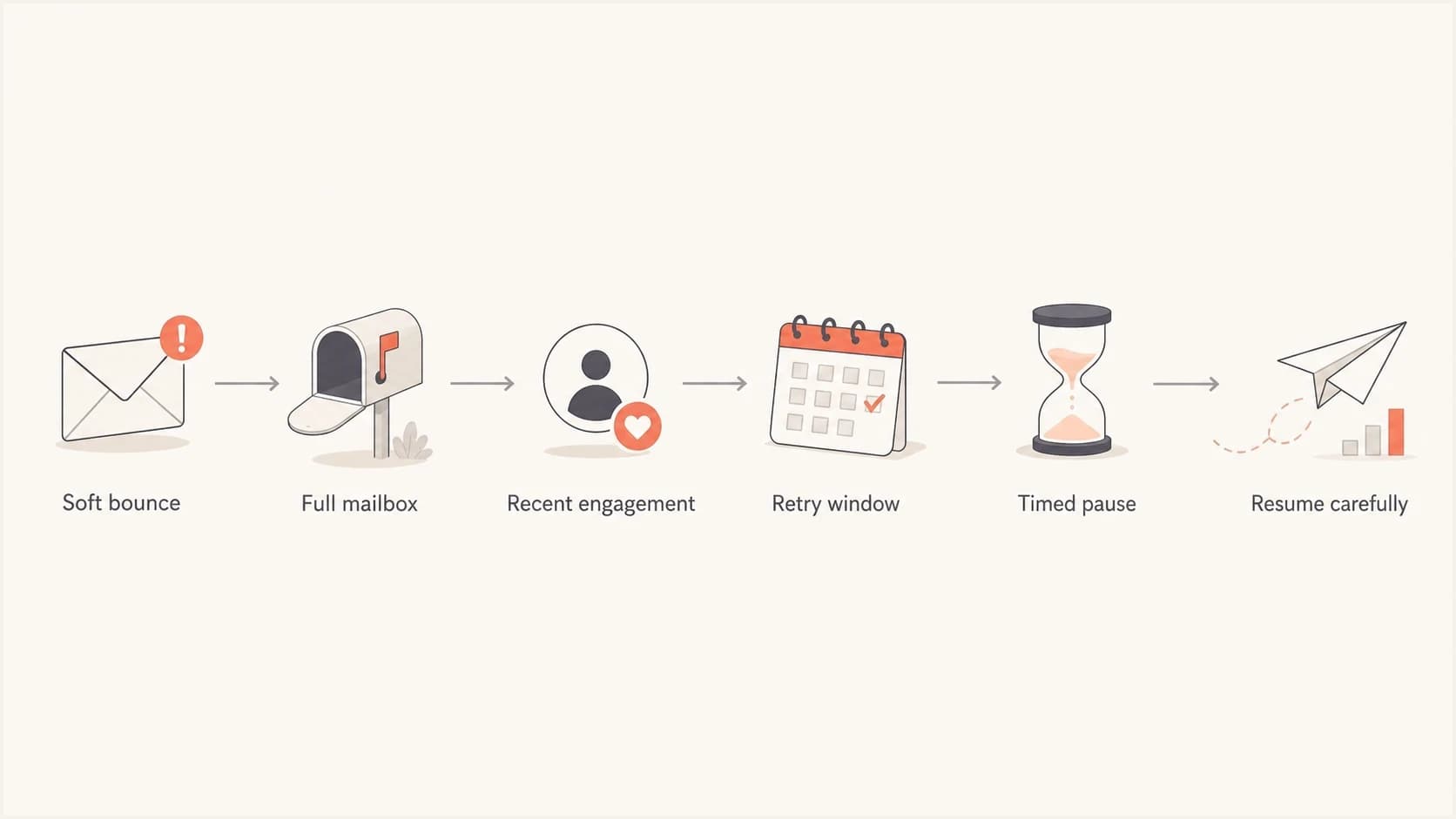 Flowchart showing when to retry or pause full mailbox soft bounces.