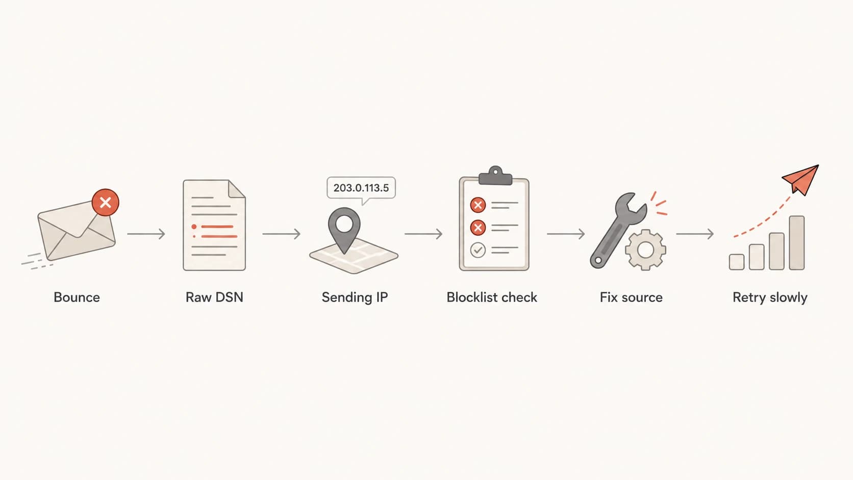 Flowchart showing how to move from a bounce label to a verified Spamhaus fix.