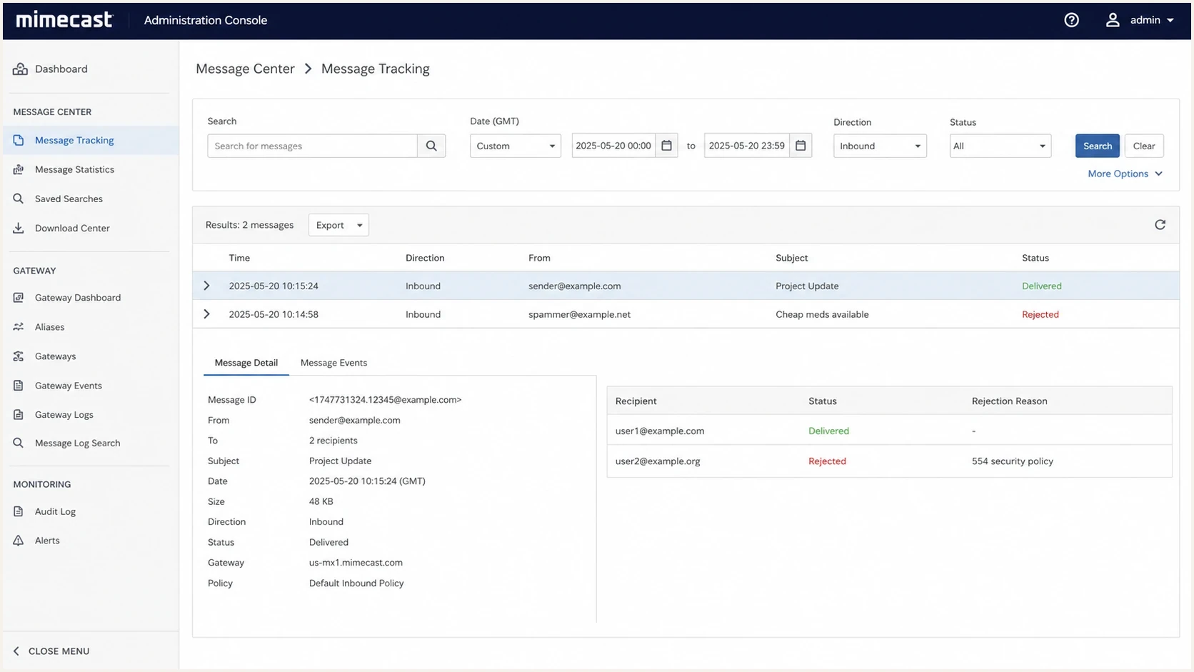 Mimecast Administration Console can show different outcomes per recipient.