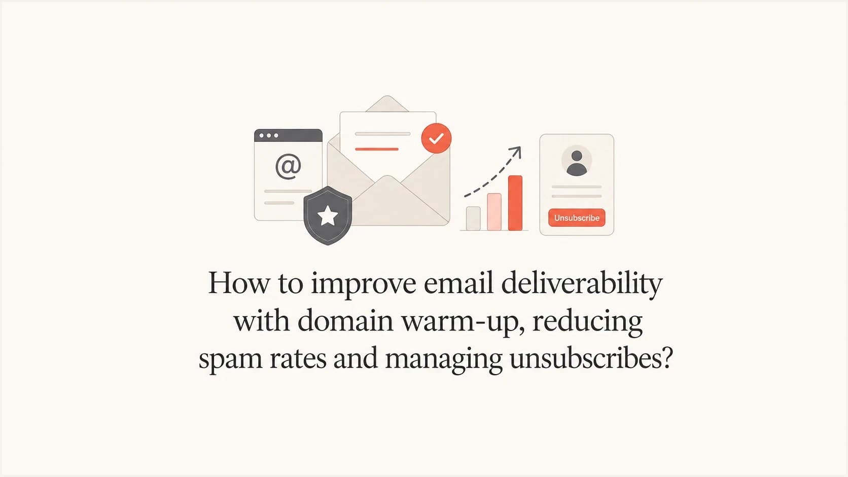 Domain warm-up guide showing inbox placement, spam complaints, sender identity, and unsubscribe controls.