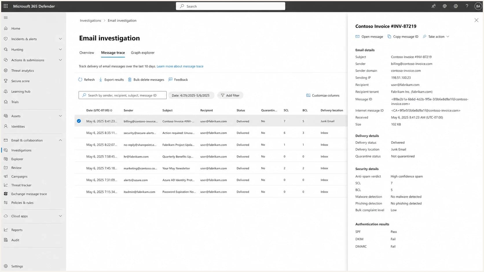 Microsoft Defender portal message trace showing a message delivered to Junk Email.