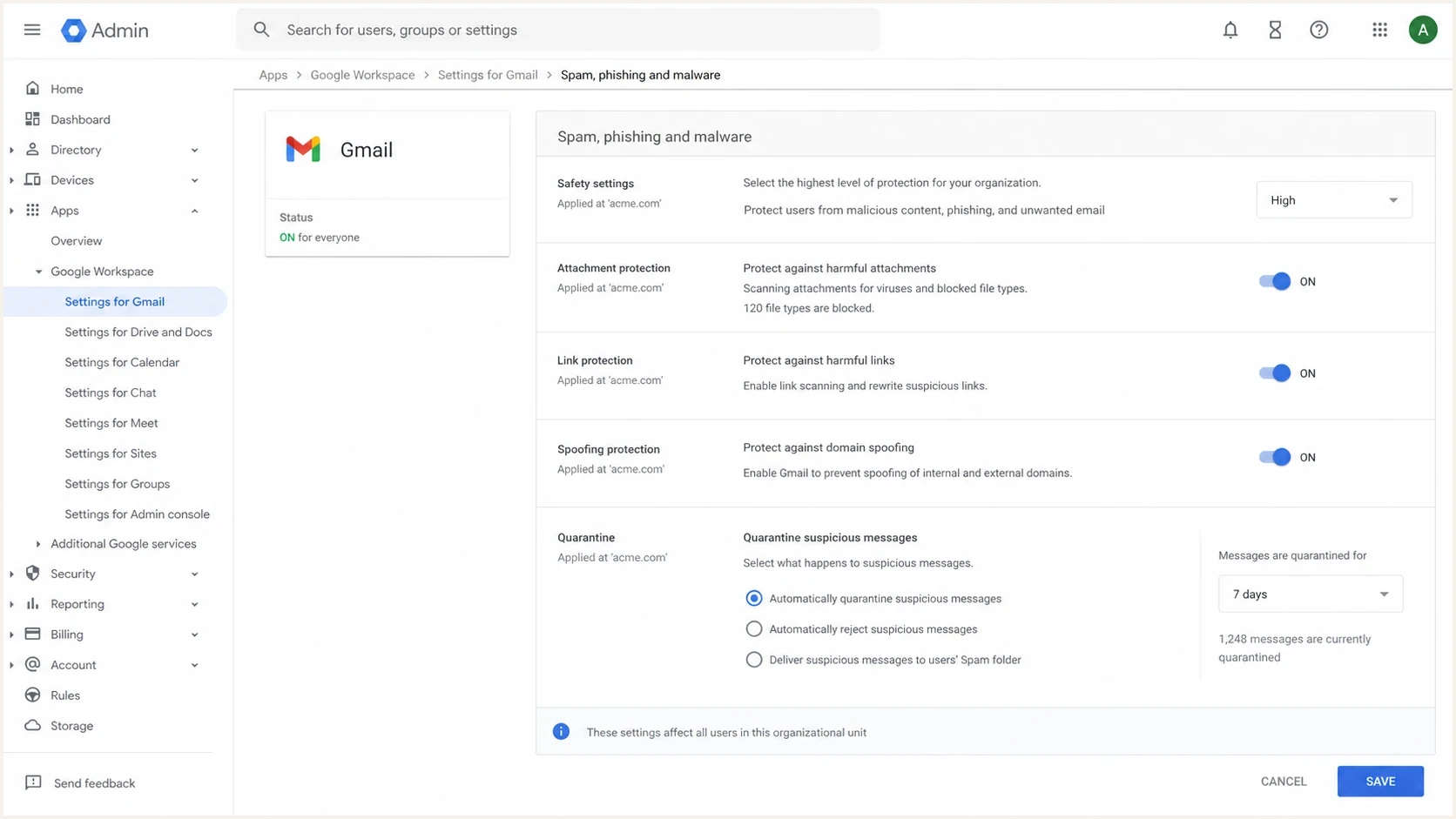 Google Admin console Gmail security settings for spam, phishing, malware, and quarantine controls.