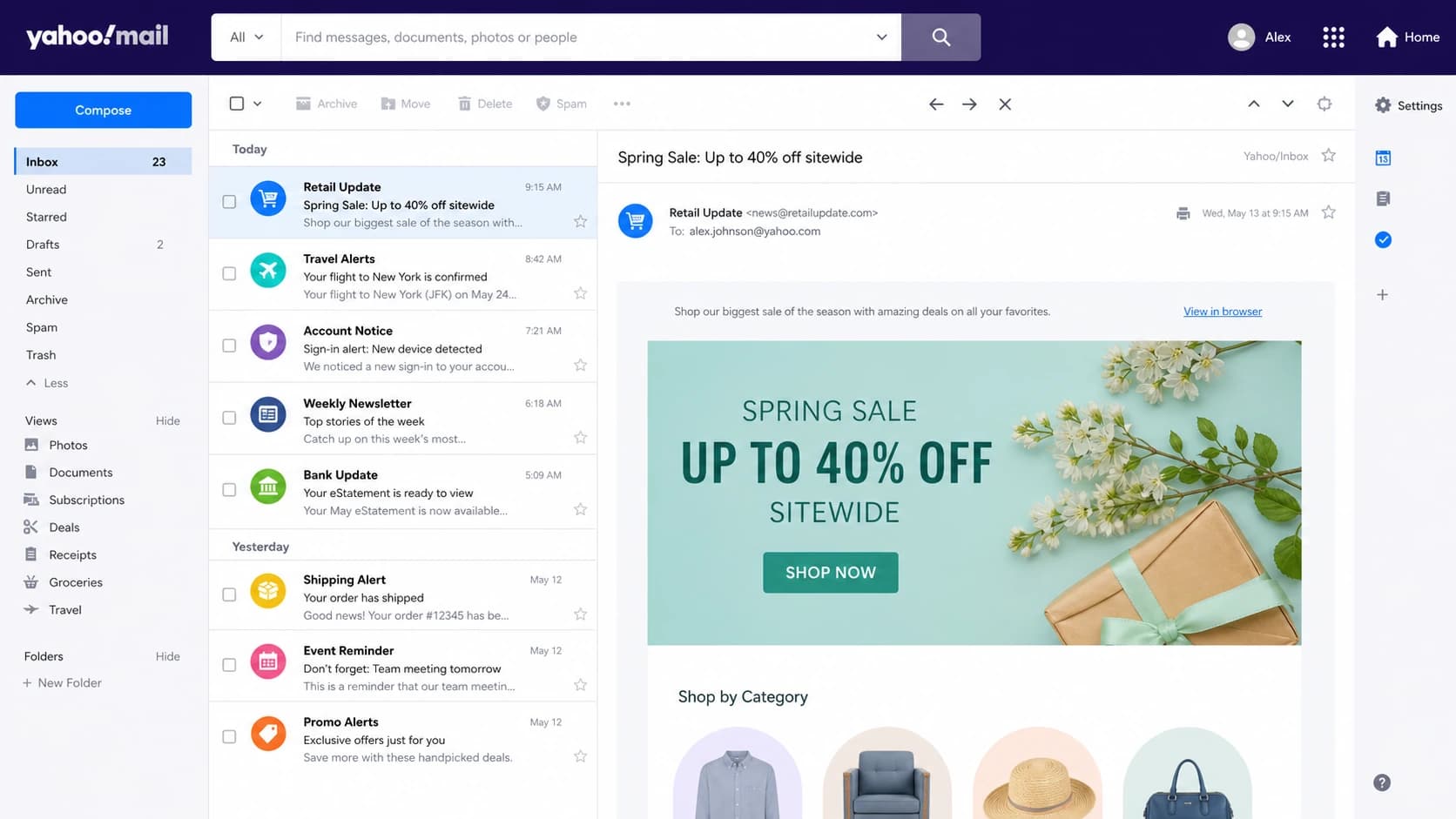 Yahoo Mail inbox view showing circular sender logos beside messages.