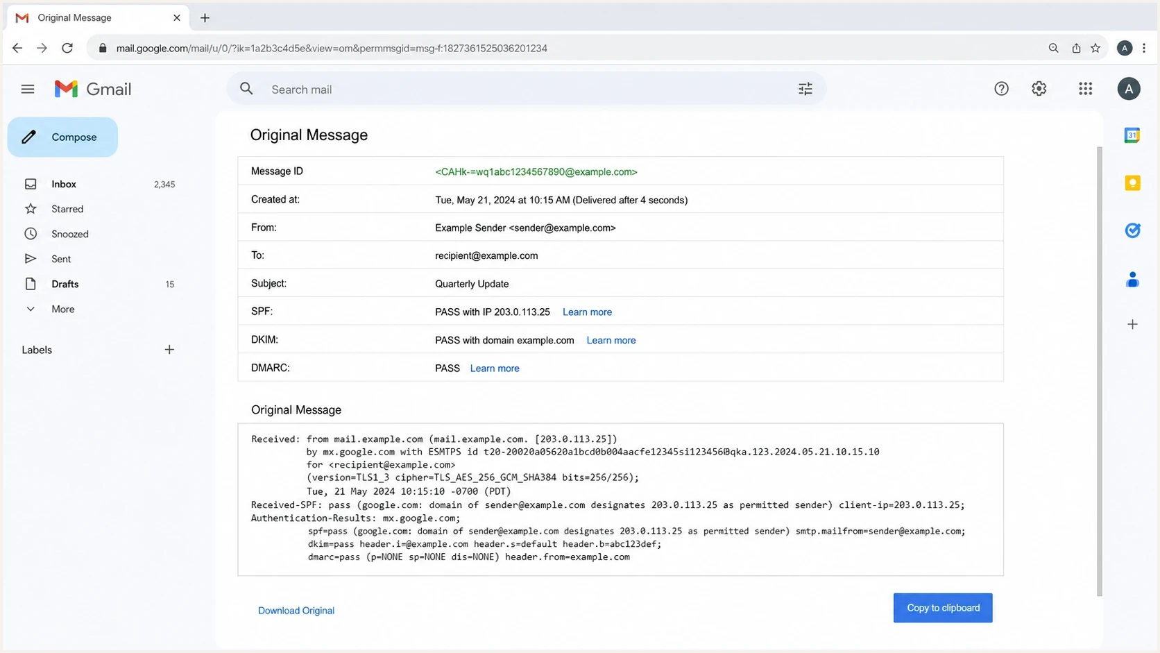 Gmail Show original view showing SPF pass and a sending IP.