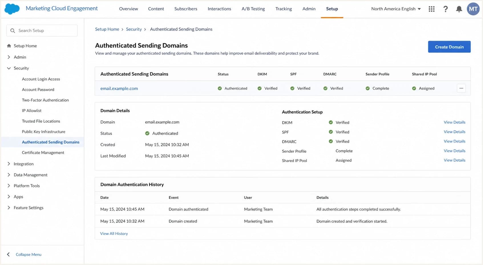 Salesforce Marketing Cloud Engagement authenticated sending domain setup.