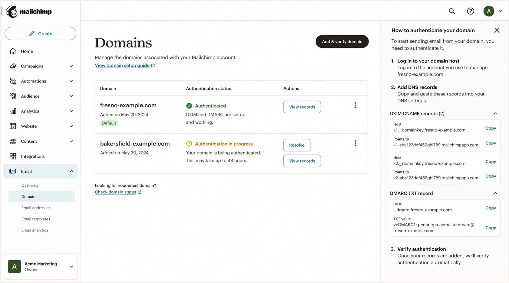Mailchimp Domains page showing two sending domains with different authentication states.