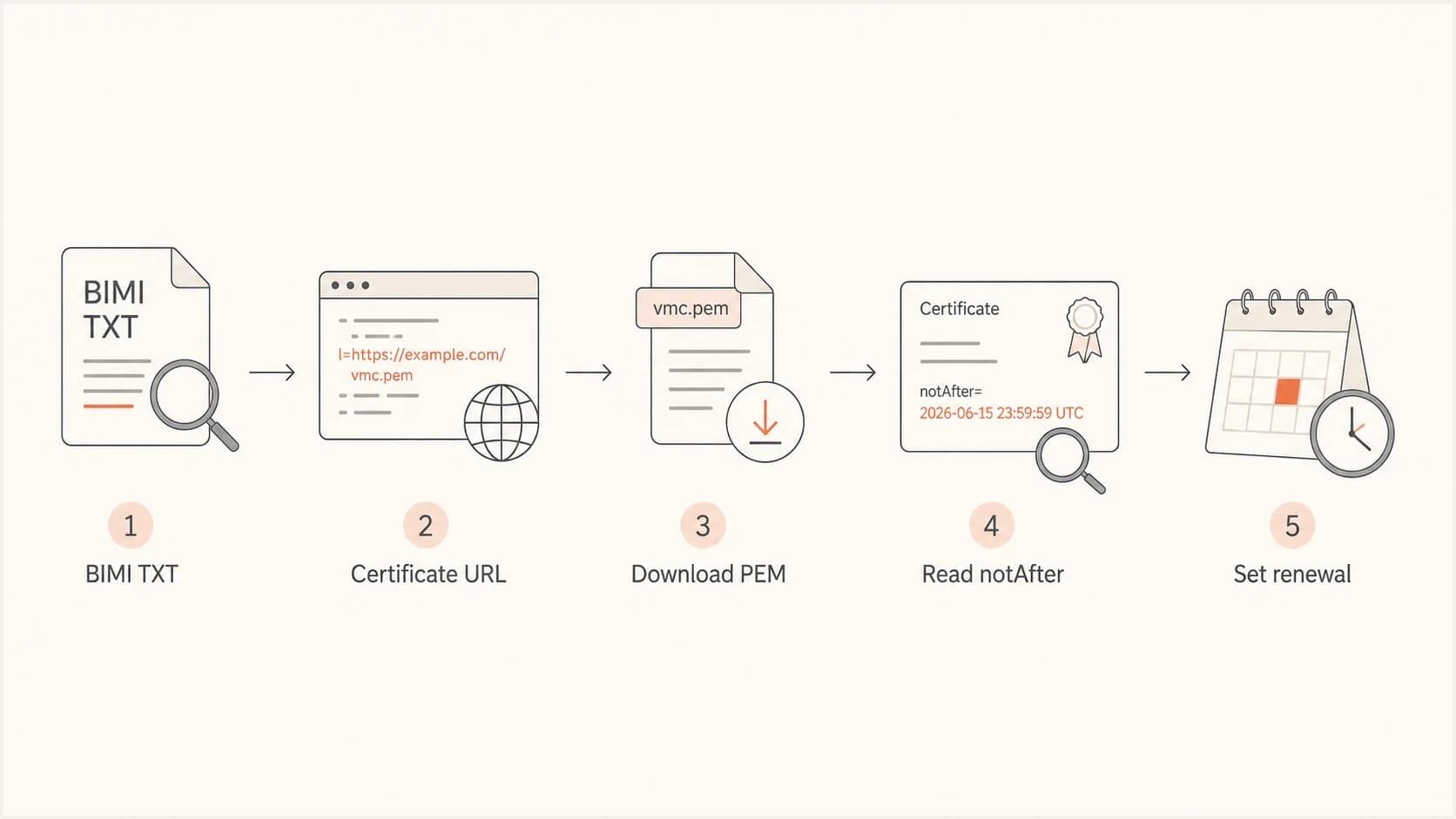 Flowchart showing BIMI TXT to certificate URL to PEM download to notAfter expiry date.