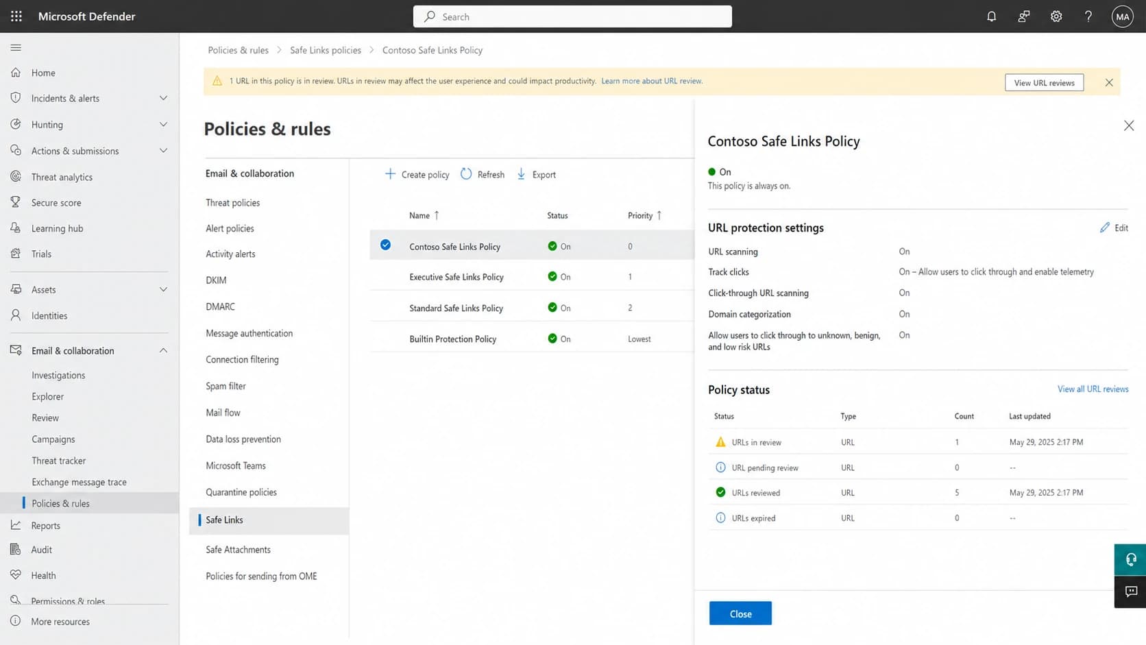 Microsoft Defender portal screen showing Safe Links policy and URL review context.