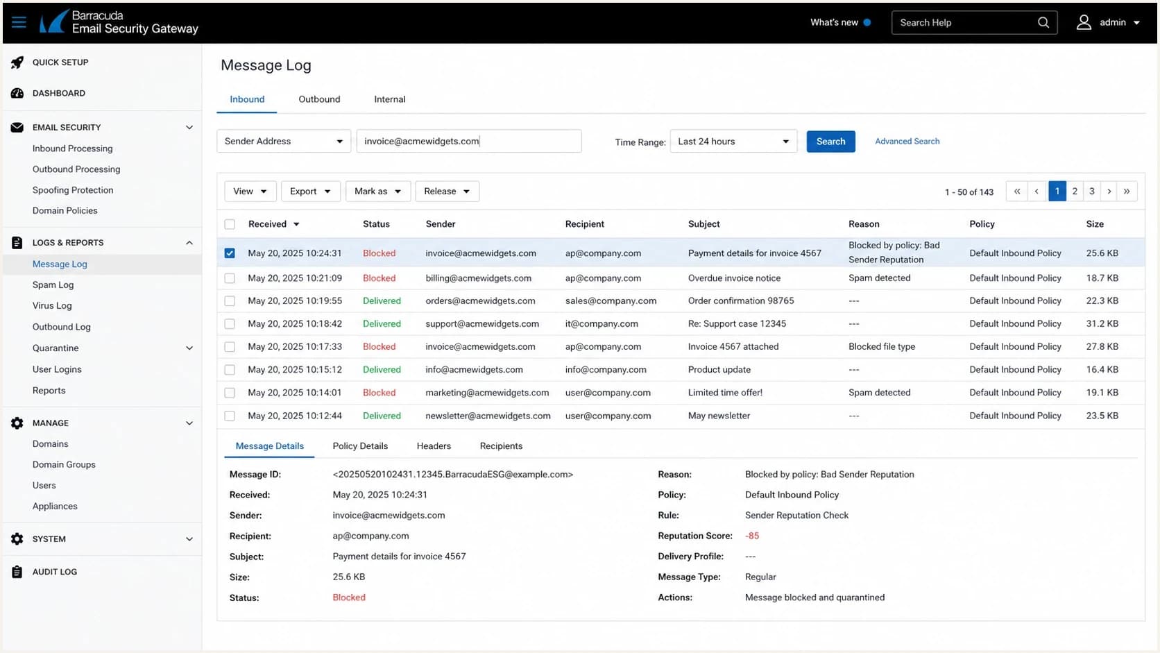 Barracuda Email Security Gateway message log showing a blocked message reason.