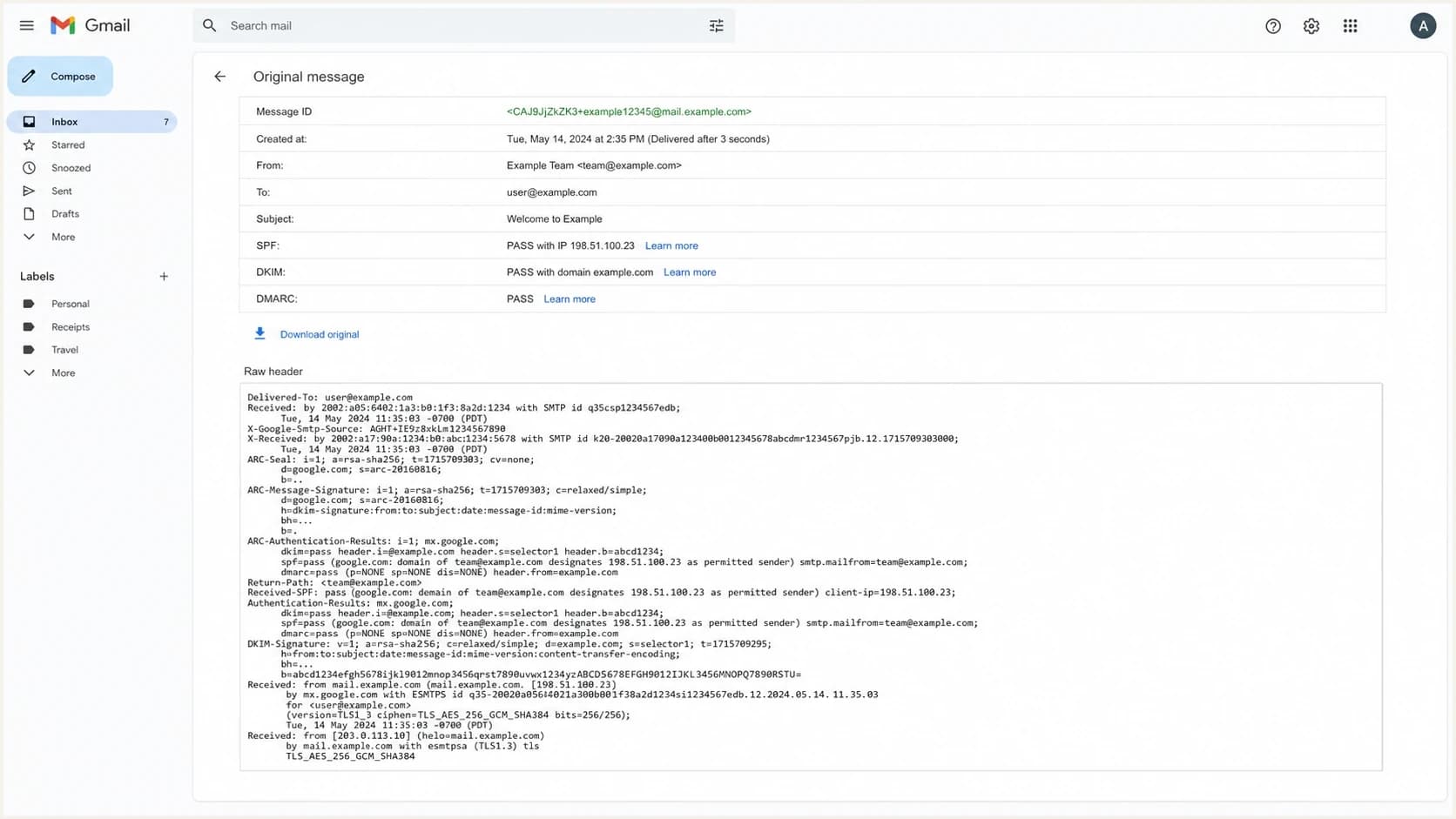 Gmail Show original displaying SPF, DKIM, DMARC, and Authentication-Results.