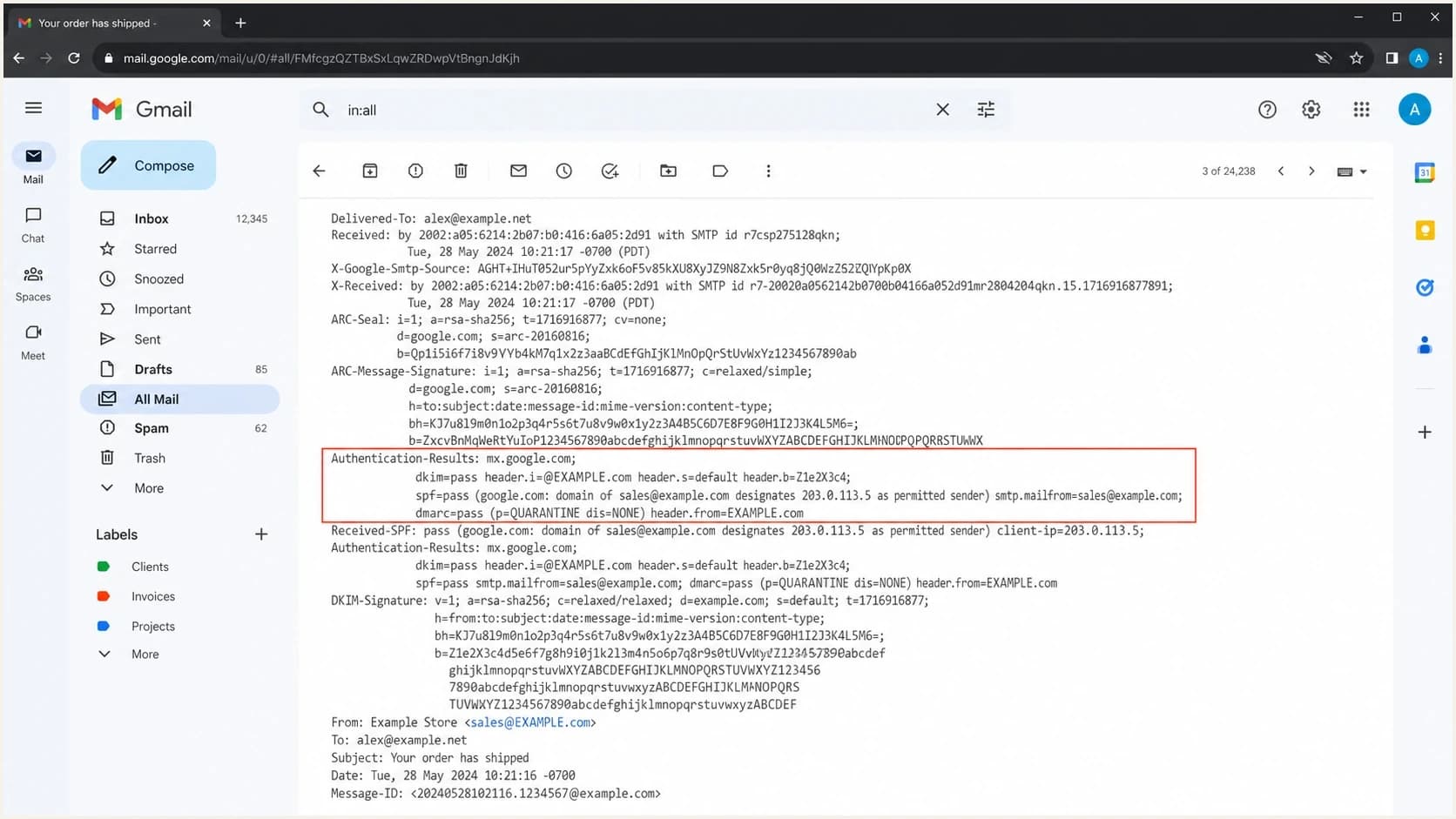 Gmail message details showing DKIM pass despite different case in DKIM domain fields.