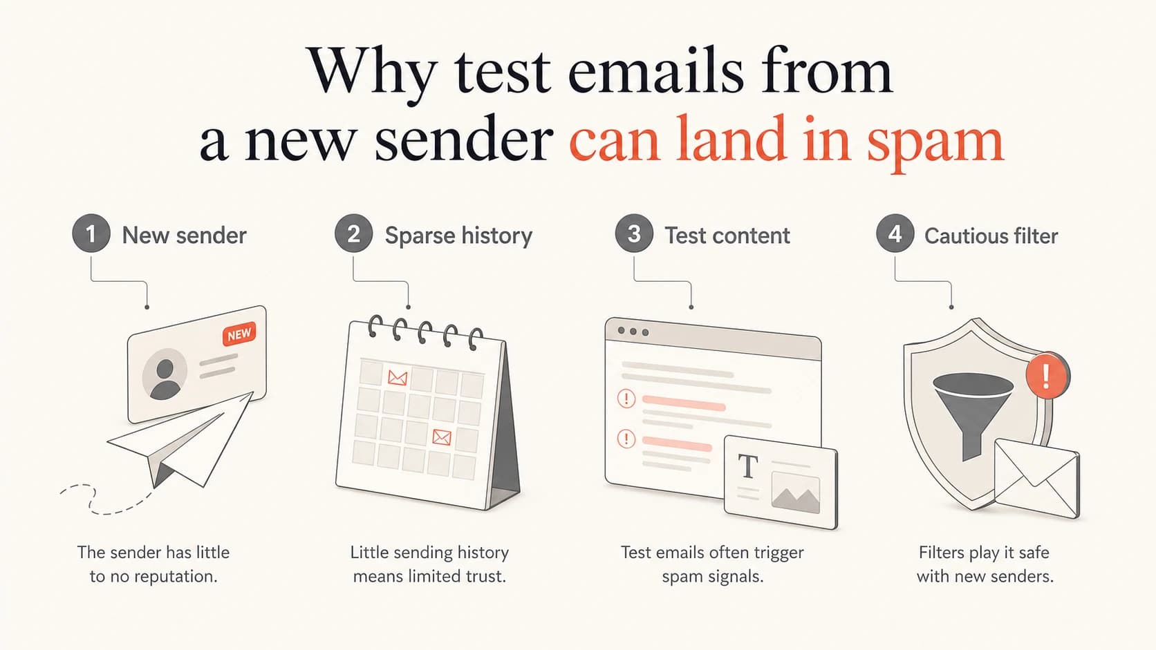 Infographic showing why new sender test emails can trigger cautious filtering.