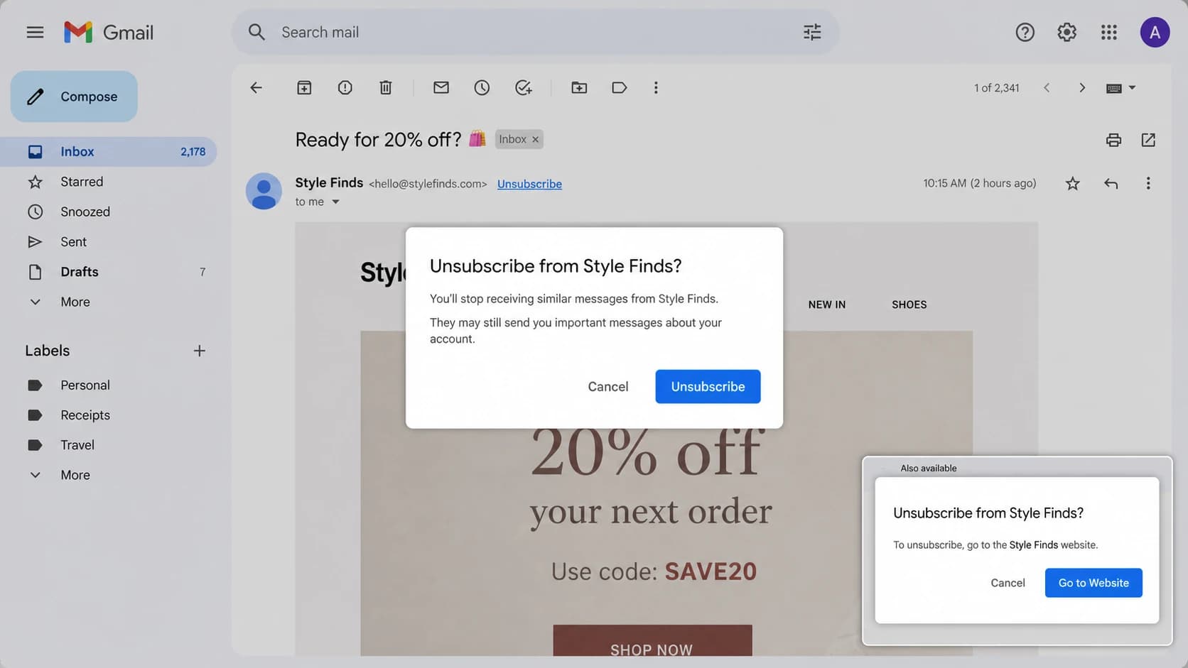 Gmail unsubscribe popup with a second website fallback state.