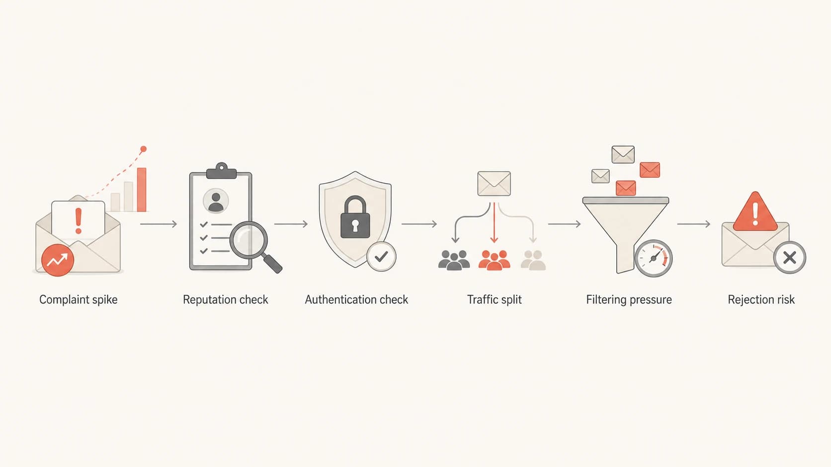 Flowchart showing how a high Gmail complaint rate can lead to filtering or rejection.