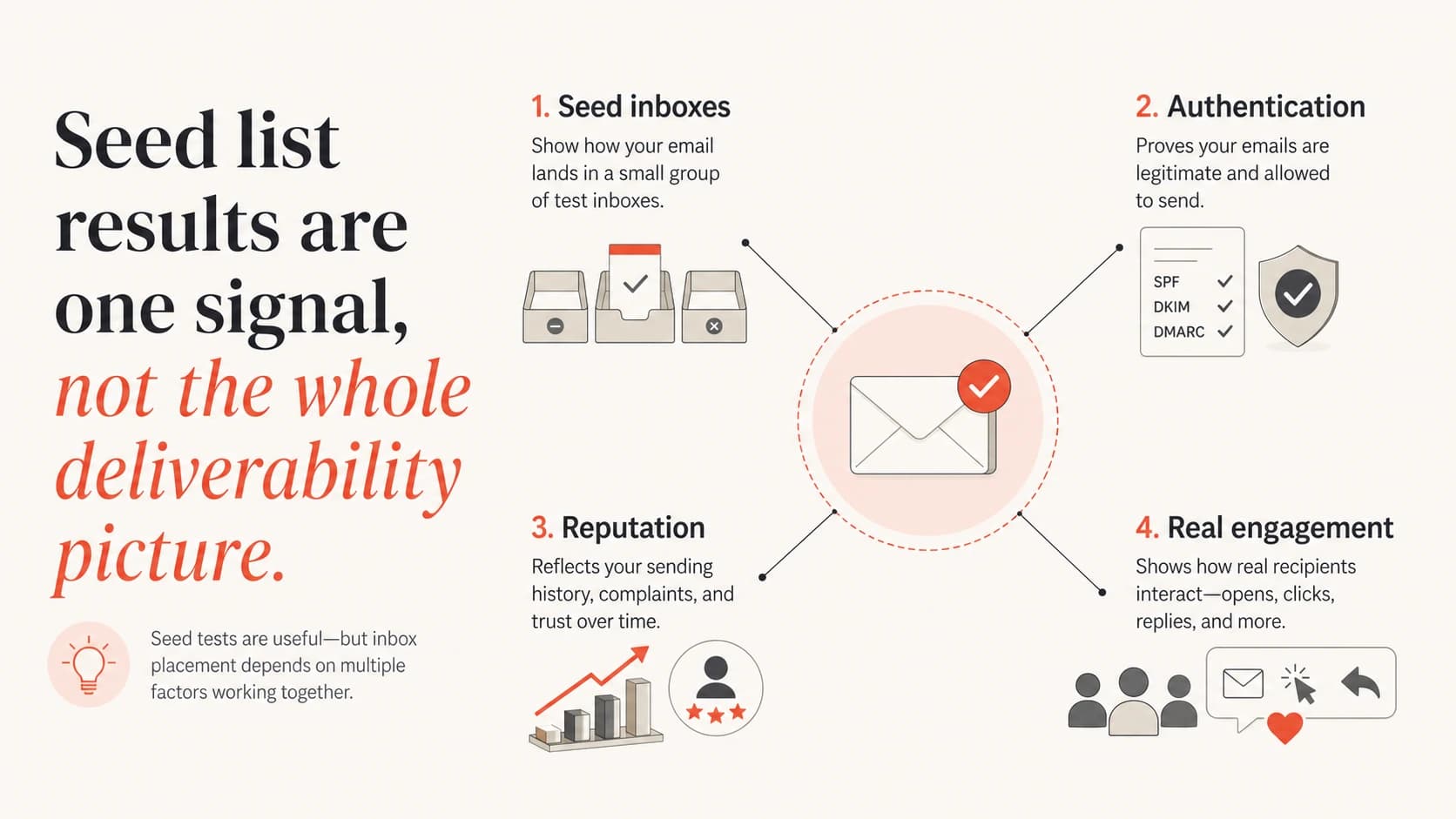 Seed inboxes, authentication, reputation, and real engagement shown as separate deliverability signals.