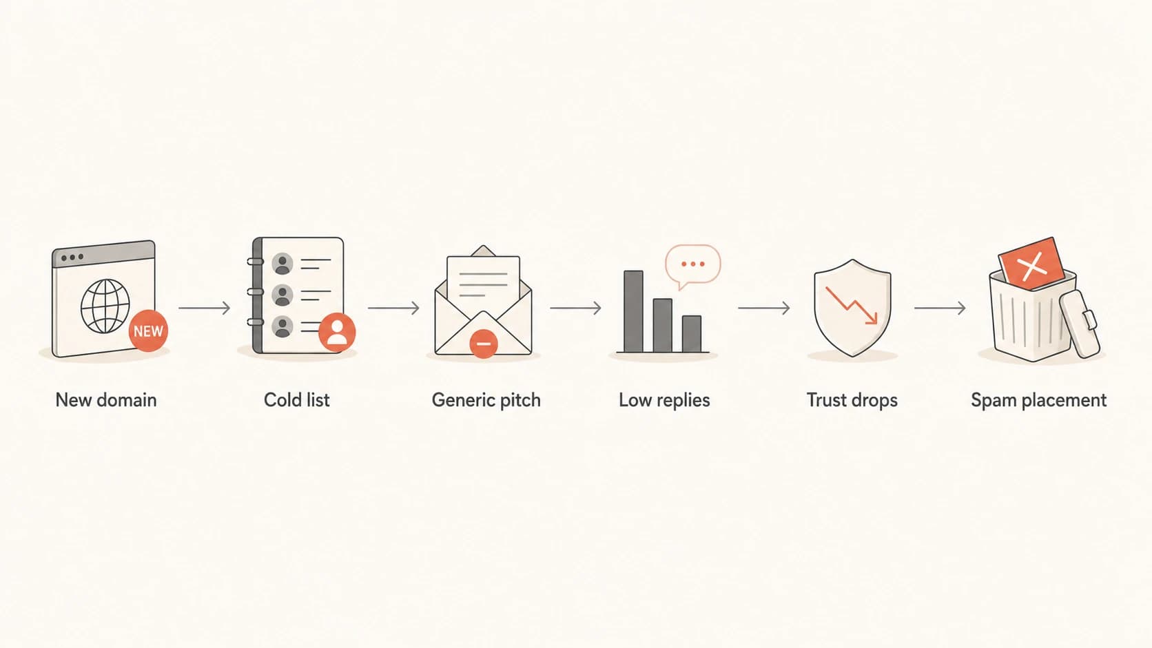 Flowchart showing how low-volume cold email can still reach spam.