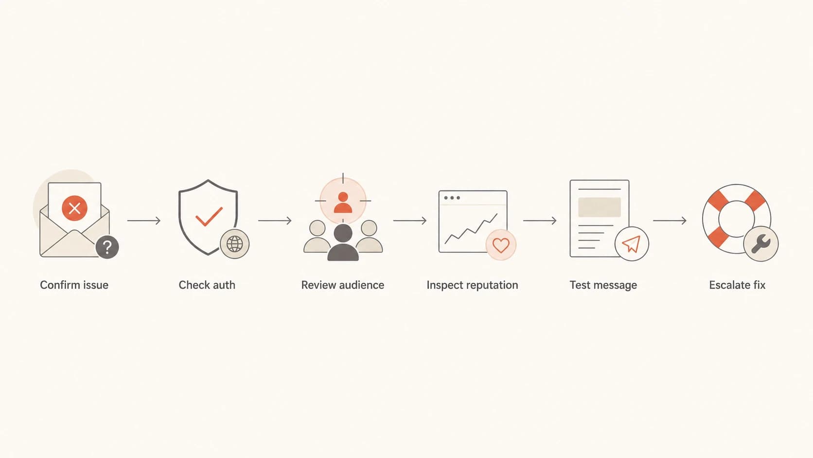 Flowchart showing the order for troubleshooting poor inbox placement.