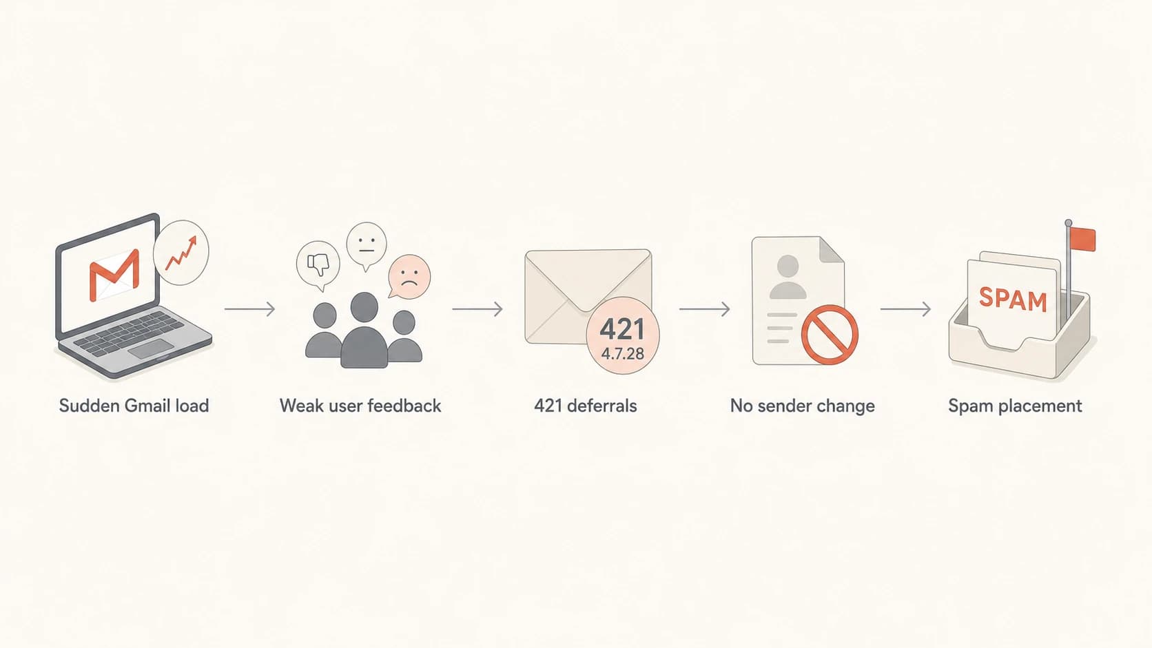 Flow from sudden Gmail load to deferrals and spam placement.