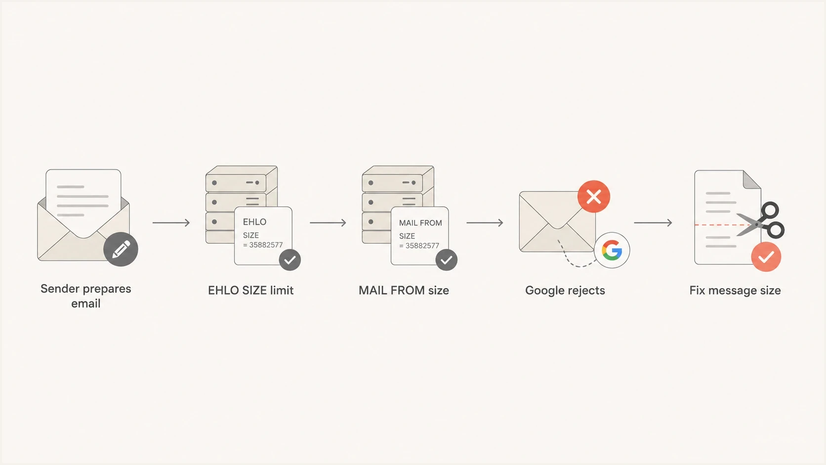 Flowchart showing where Google's SMTP size rejection happens.
