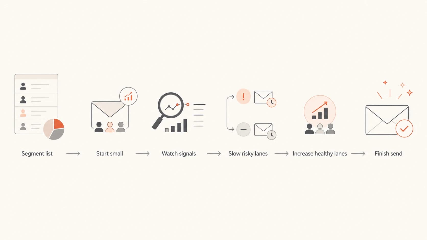 A flowchart showing how a send moves through segmentation, monitoring, and controlled volume increases.