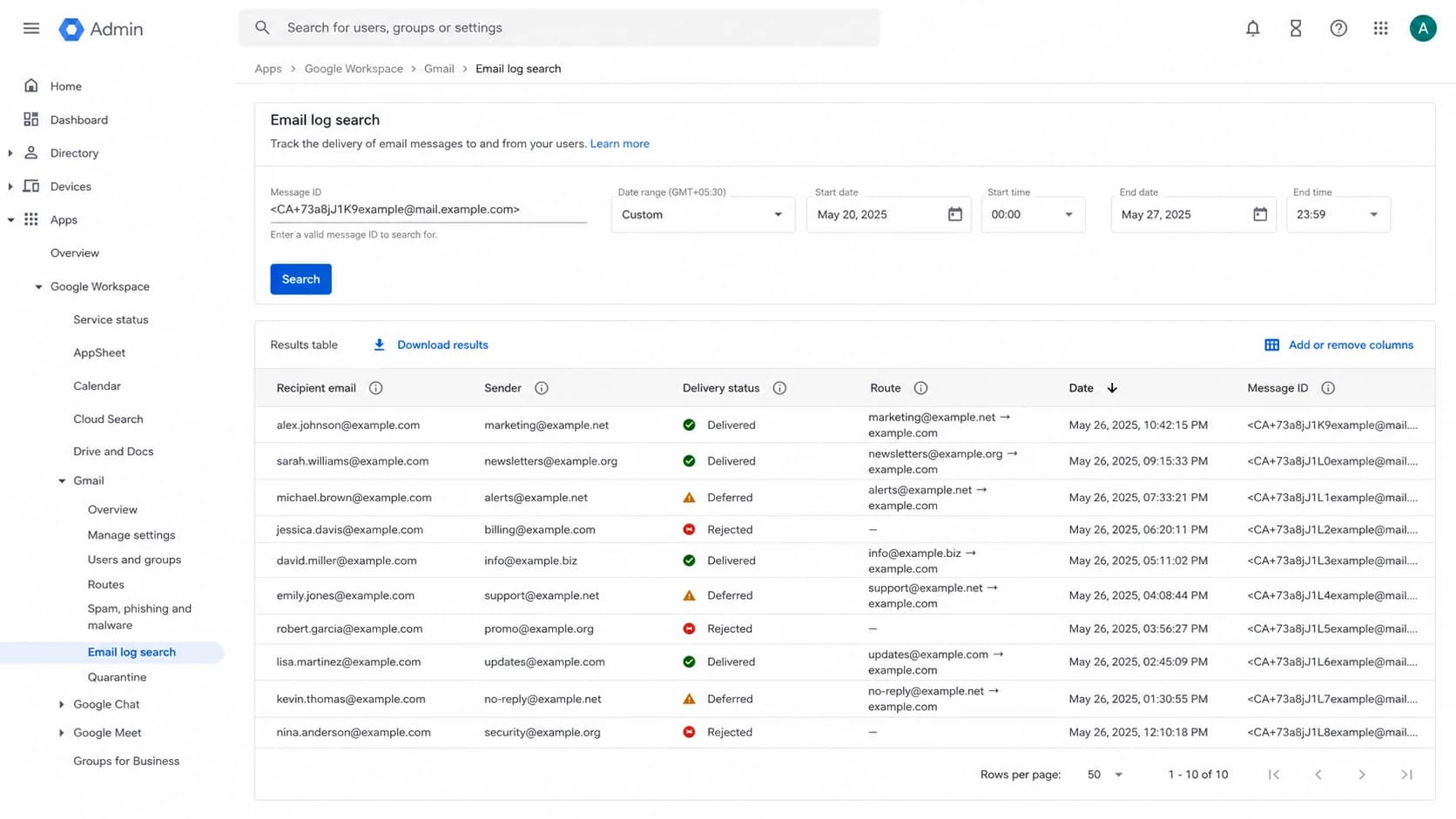Google Admin console Email Log Search screen for checking delayed messages.