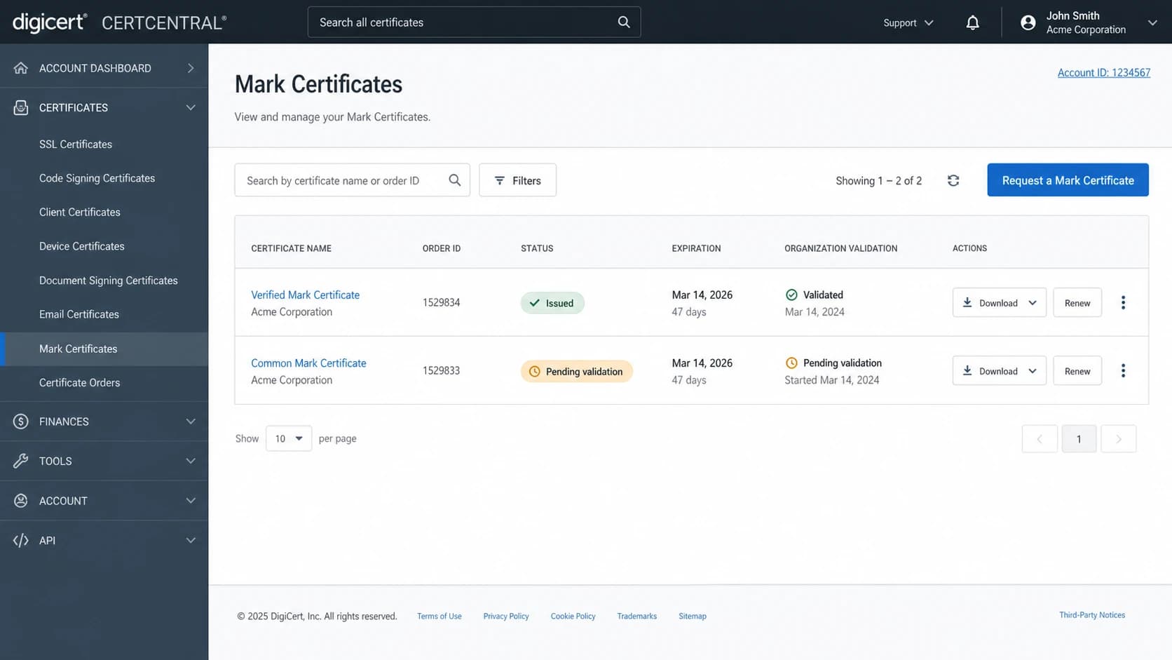 DigiCert CertCentral style screen showing Mark Certificate orders and validation status.
