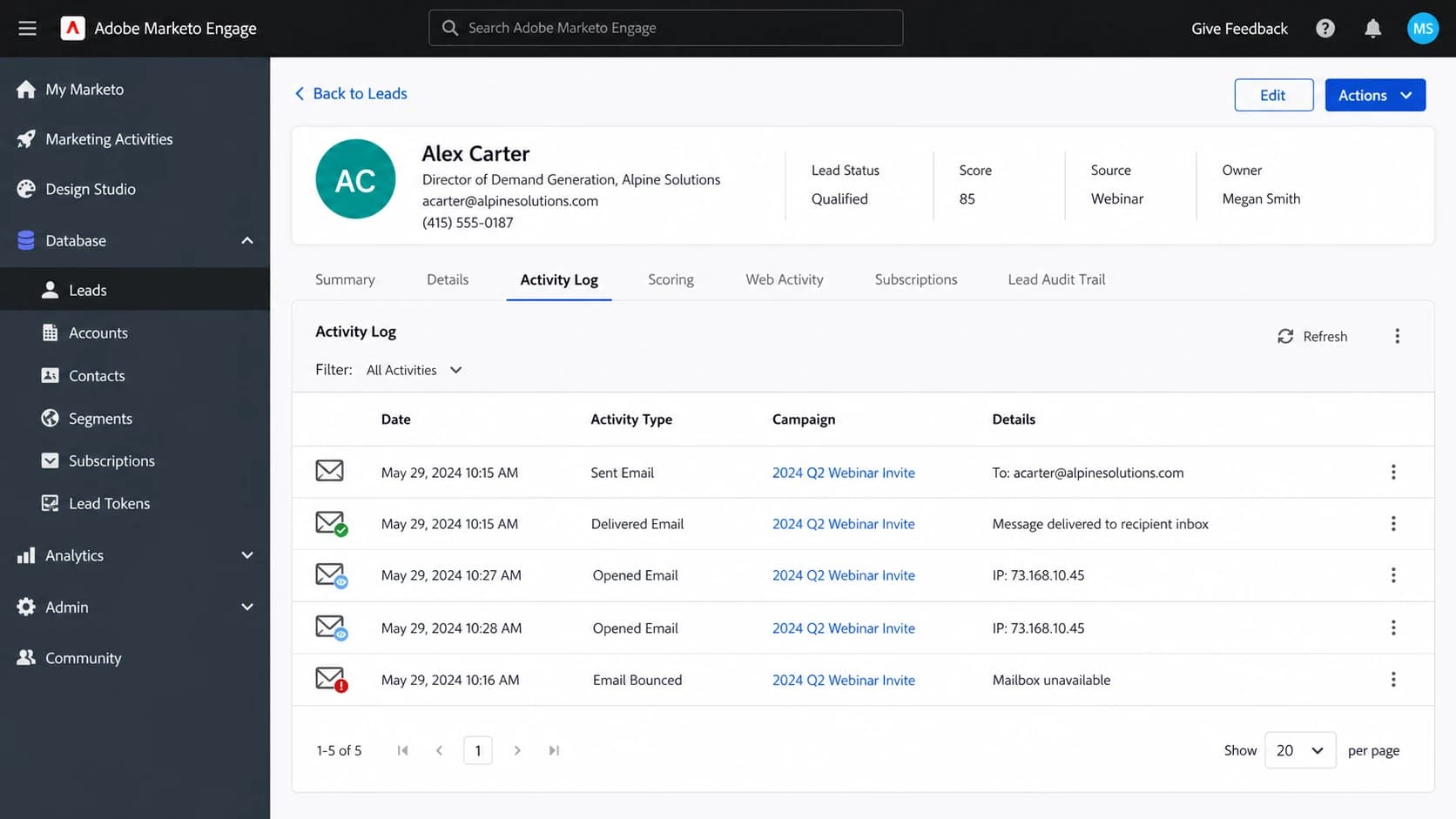 Adobe Marketo Engage activity log showing sent and delivered email events.