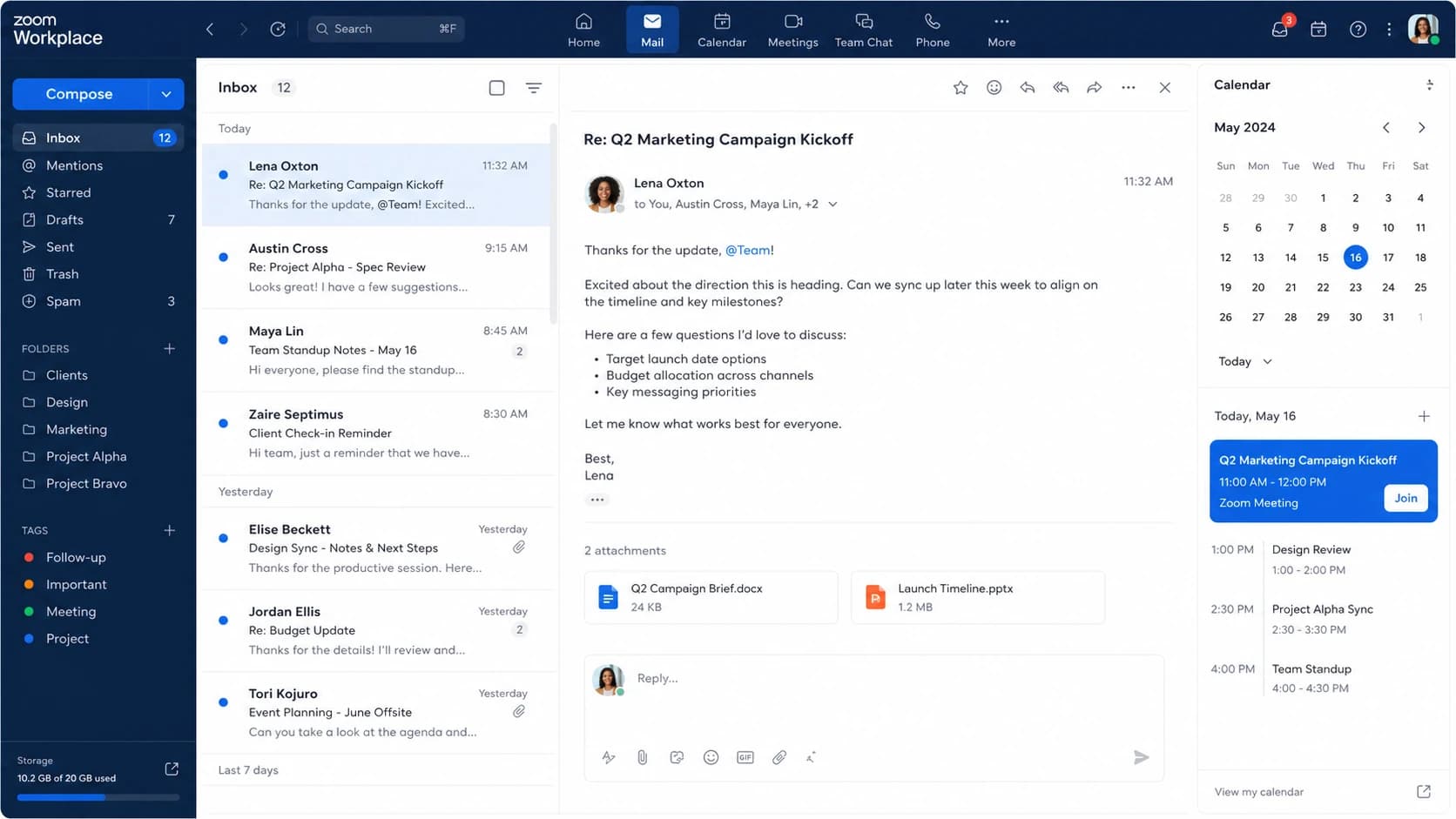 Zoom Workplace showing Mail and Calendar alongside meetings and chat.