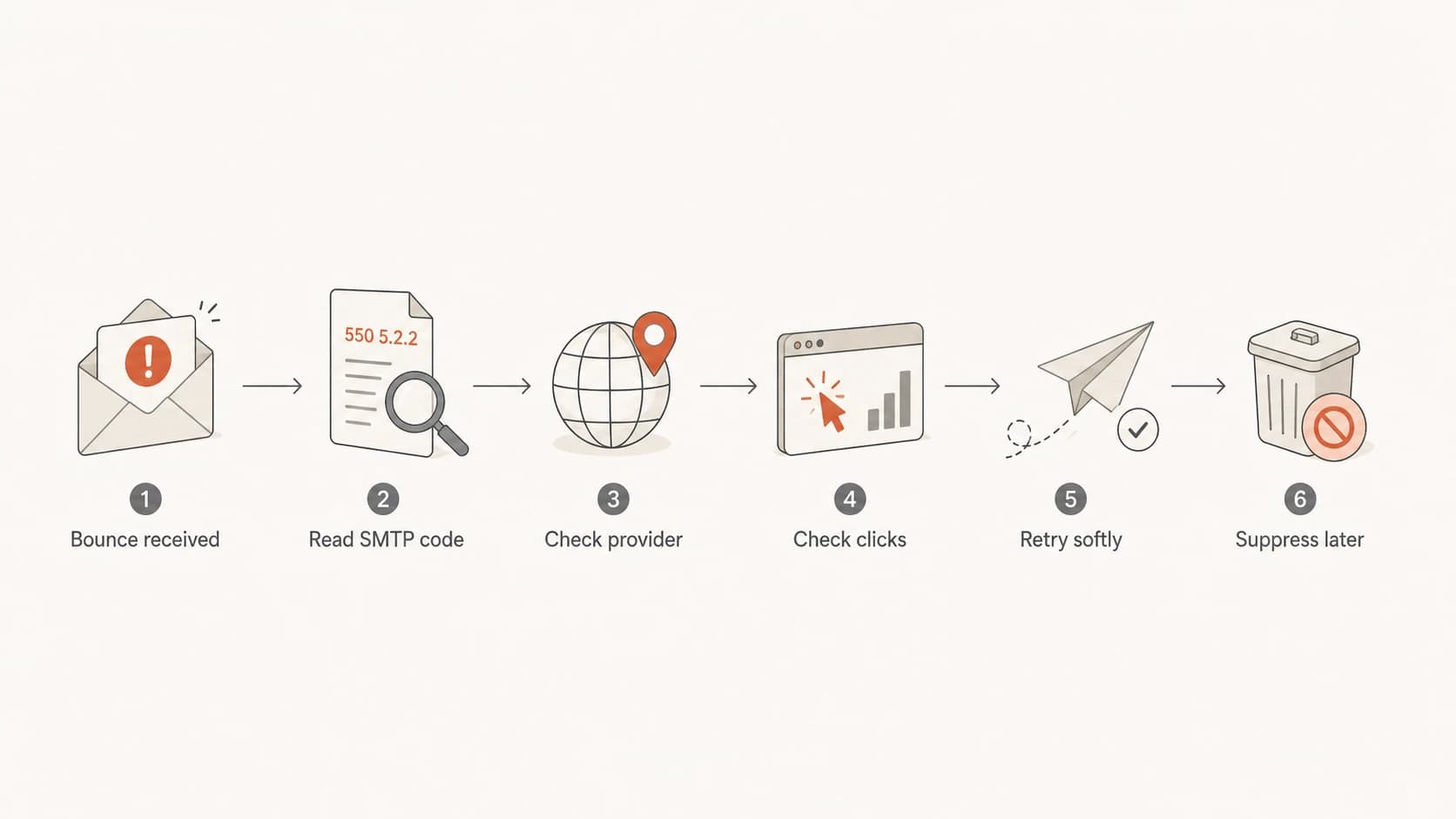 A flowchart for checking a Gmail mailbox quota bounce before suppressing the address.