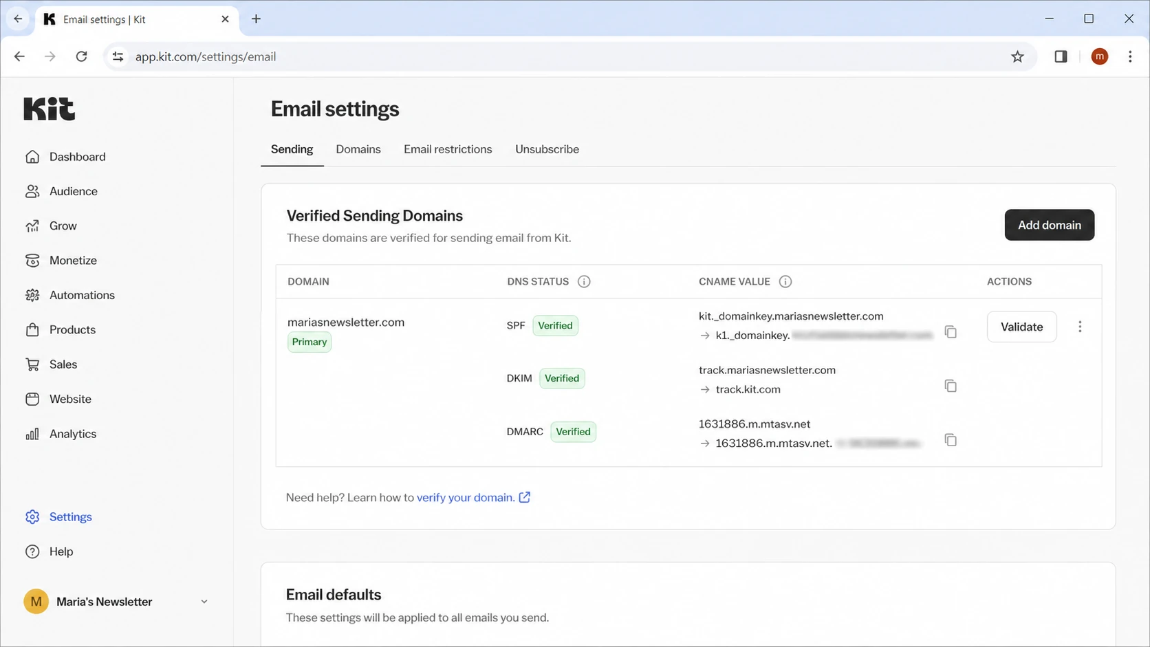Kit email settings with verified sending domain and DNS status checks