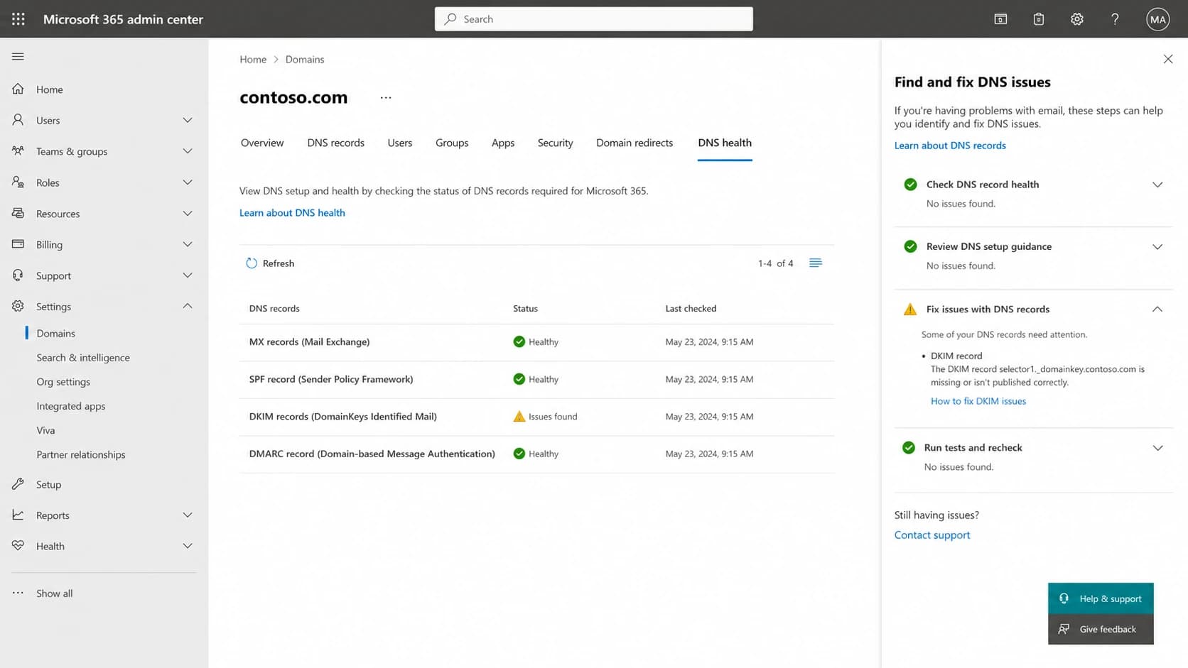 Microsoft 365 admin center domain DNS health screen.