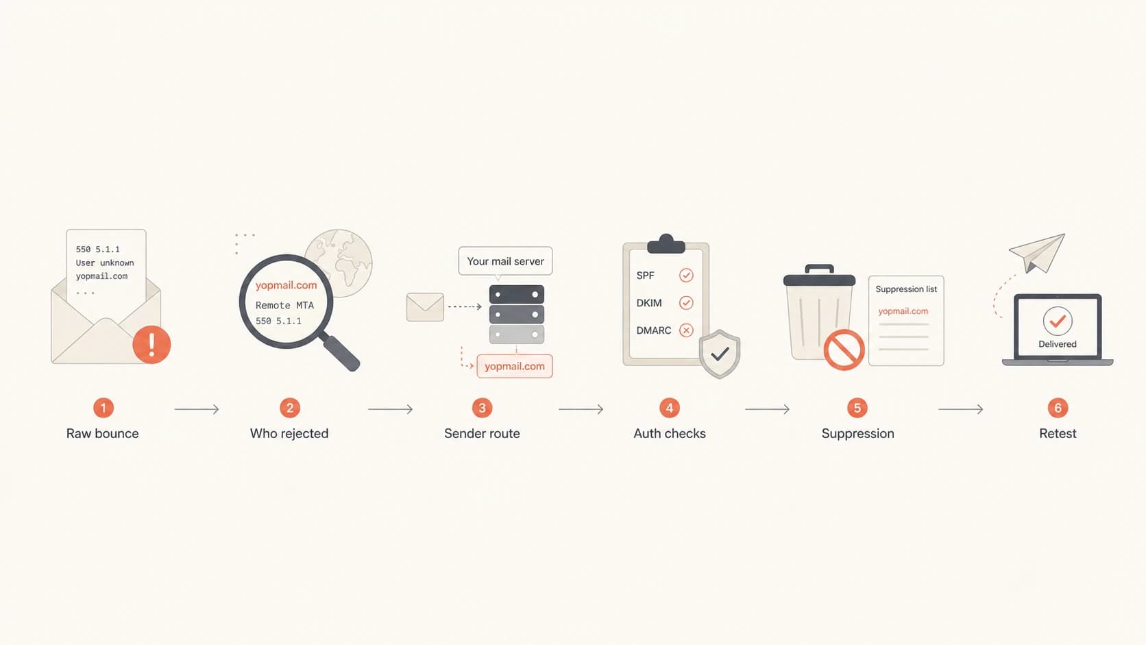 Flowchart for diagnosing Yopmail hard bounces.