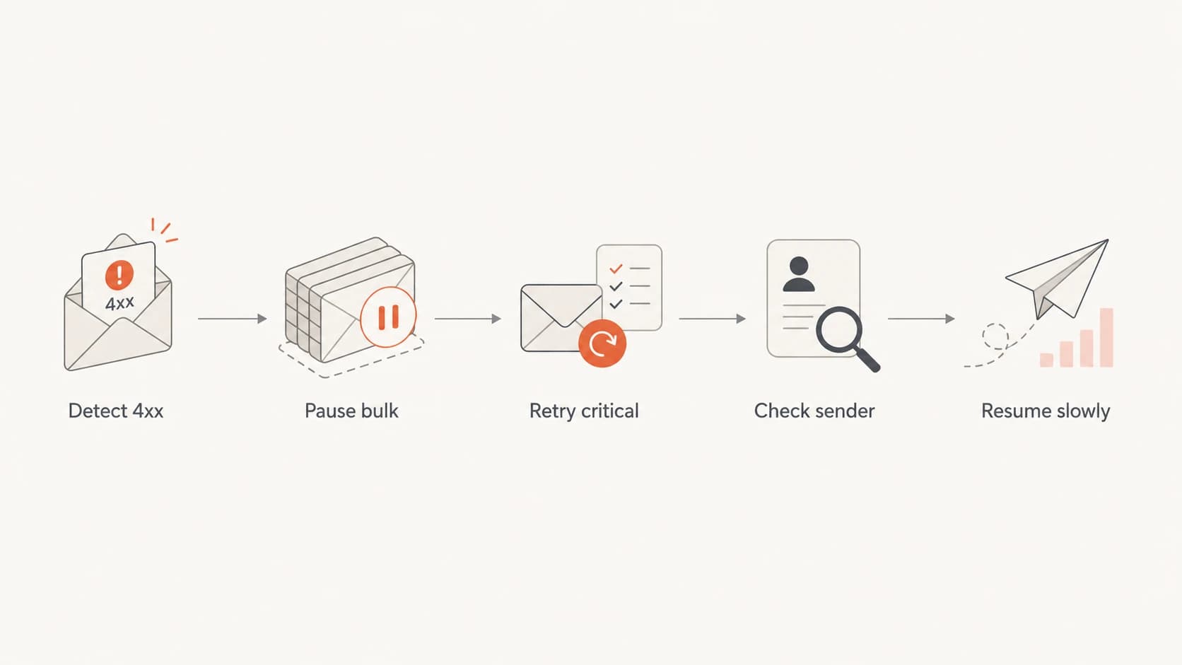 Flowchart for pausing bulk mail, retrying critical mail, checking sender setup, and resuming slowly.