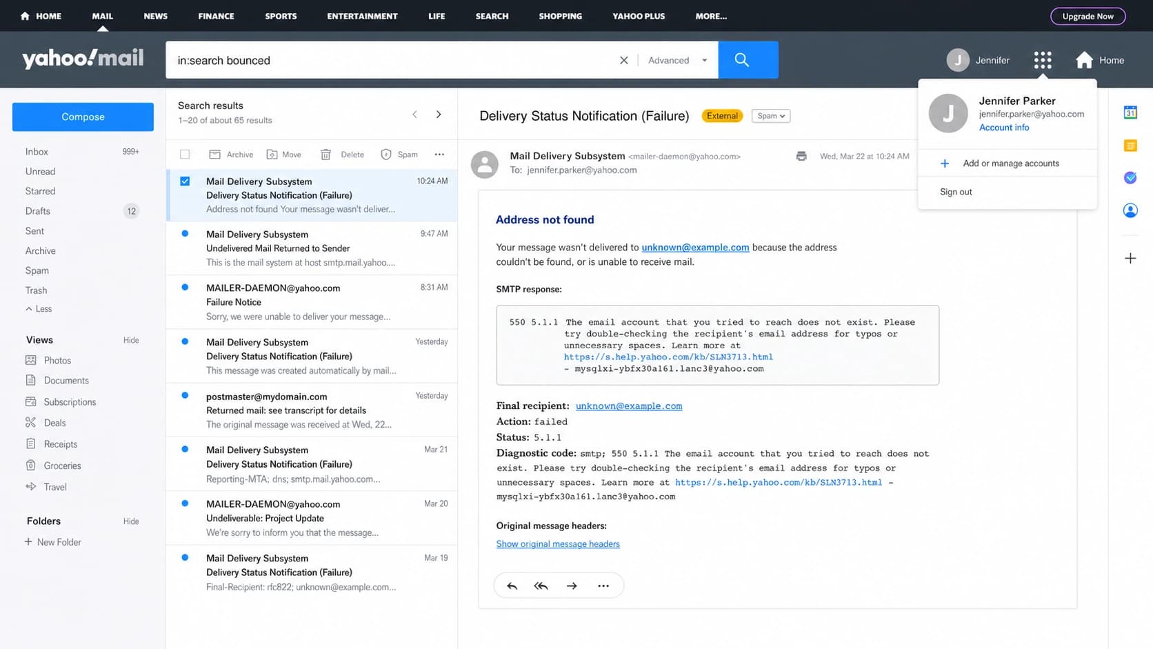 Yahoo Mail inbox search showing delivery failure messages.