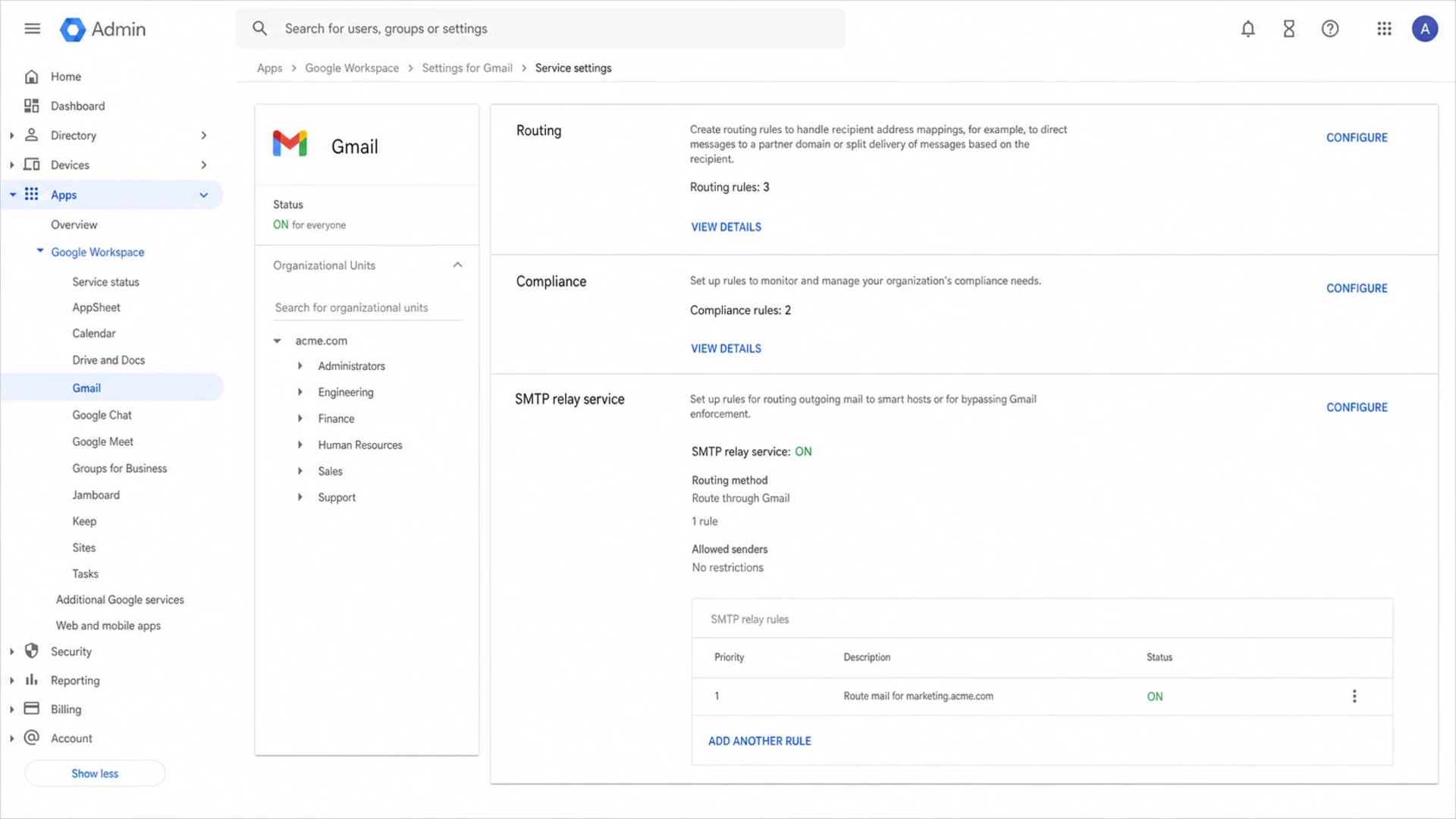 Google Admin console Gmail routing settings used to review outbound SMTP configuration.