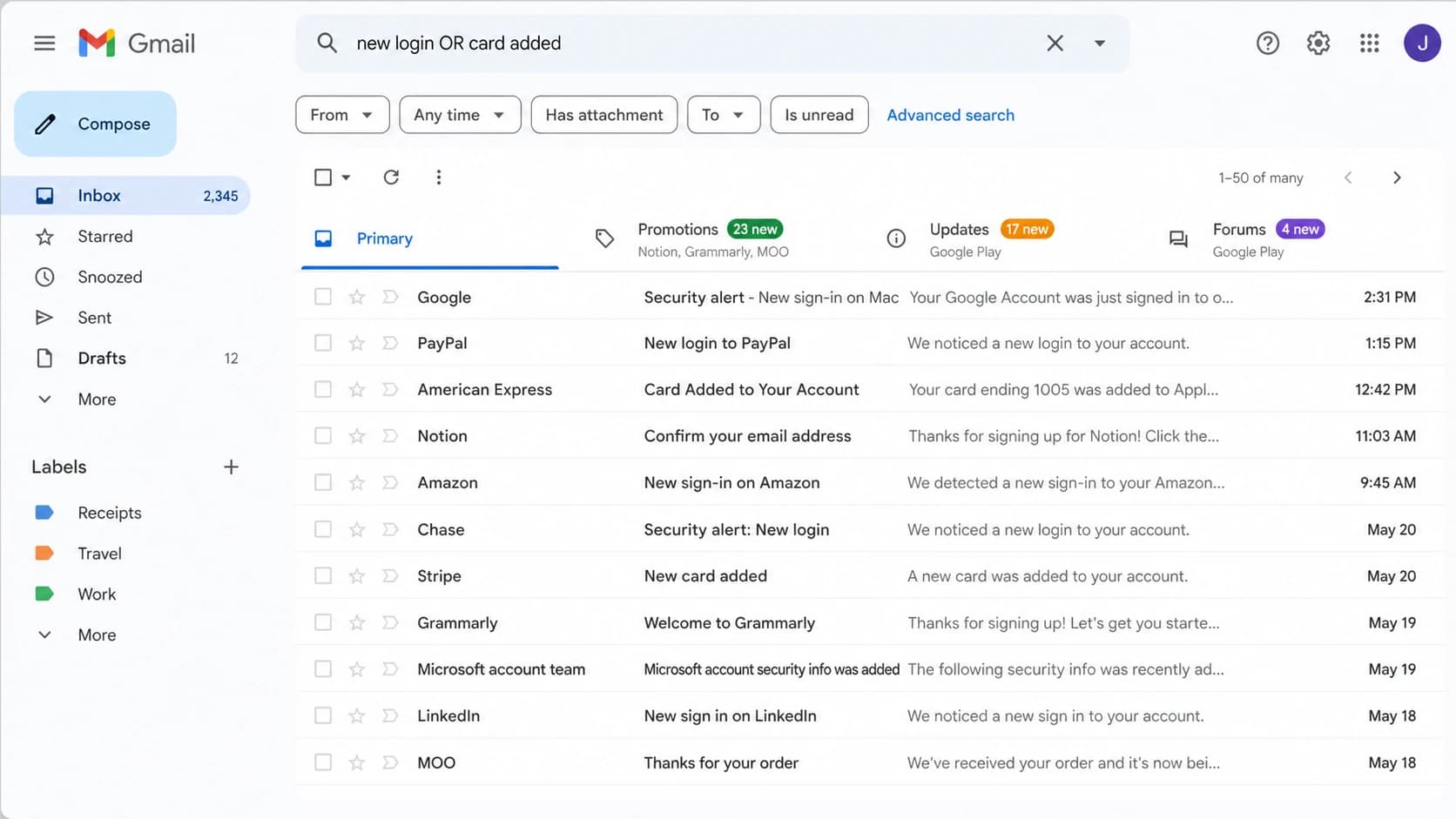 Gmail search view used to find security alerts during a mailbox flood.