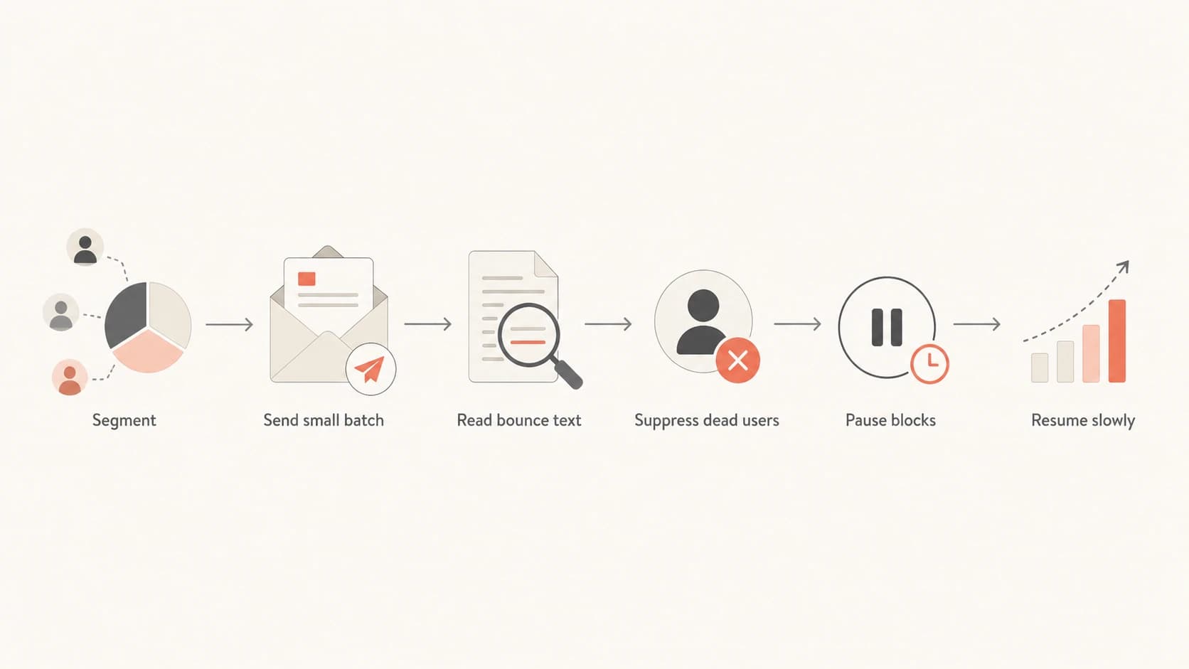 A stale list cleanup flow: segment, send small batch, read bounce text, suppress, pause blocks, resume slowly.