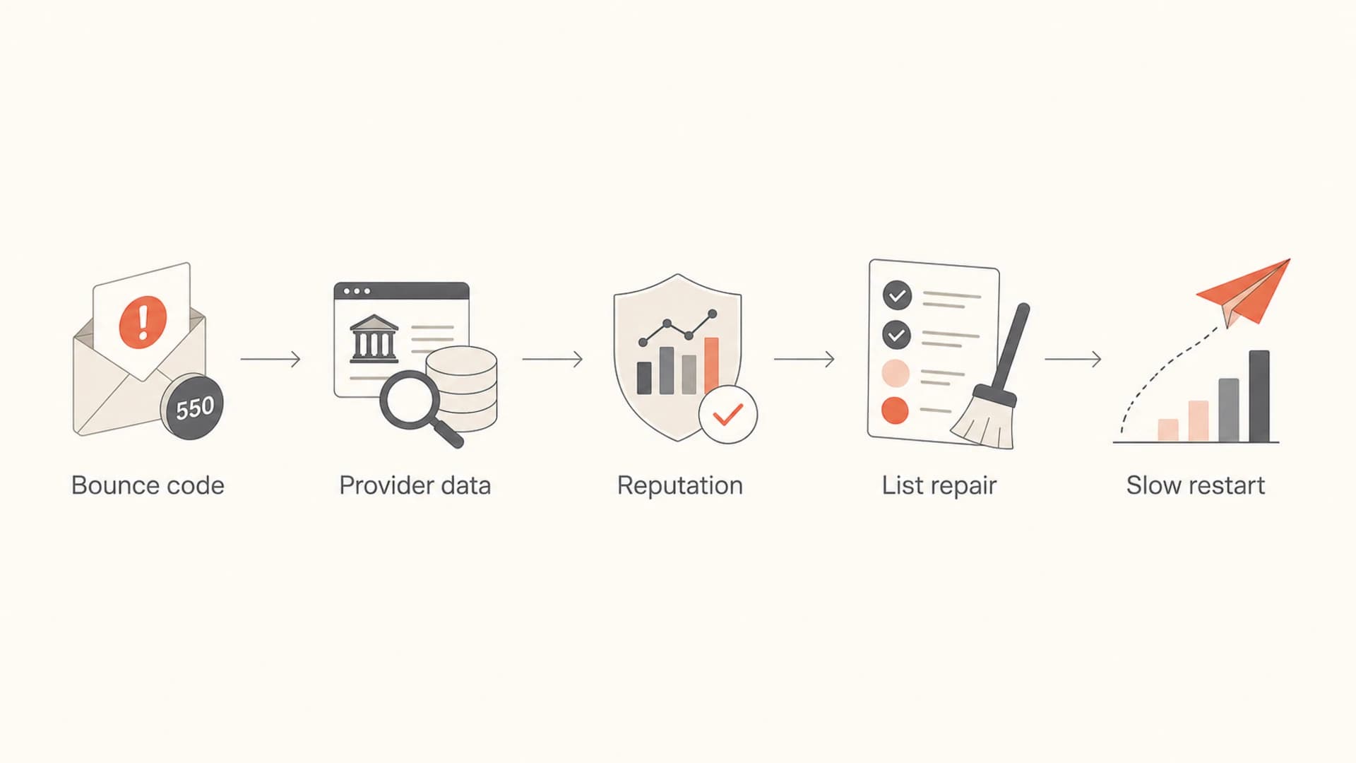 Flowchart showing bounce code collection, provider data, reputation checks, list repair, and slow restart.