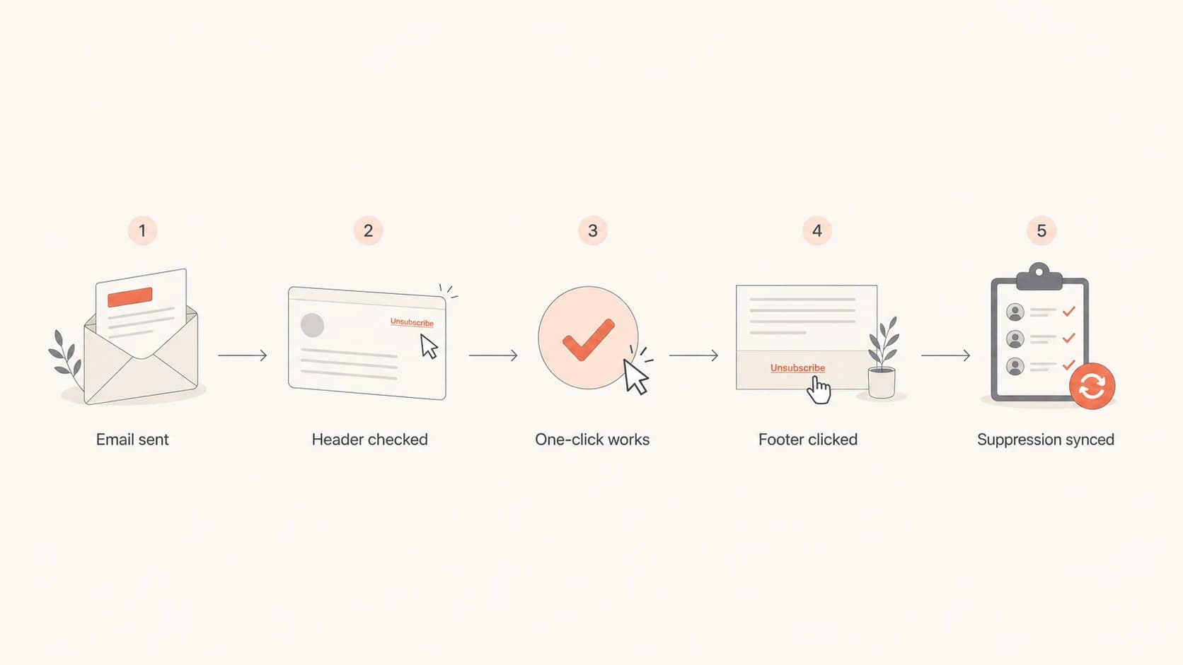 Flowchart showing email send, header check, one-click unsubscribe, footer click, and suppression sync.