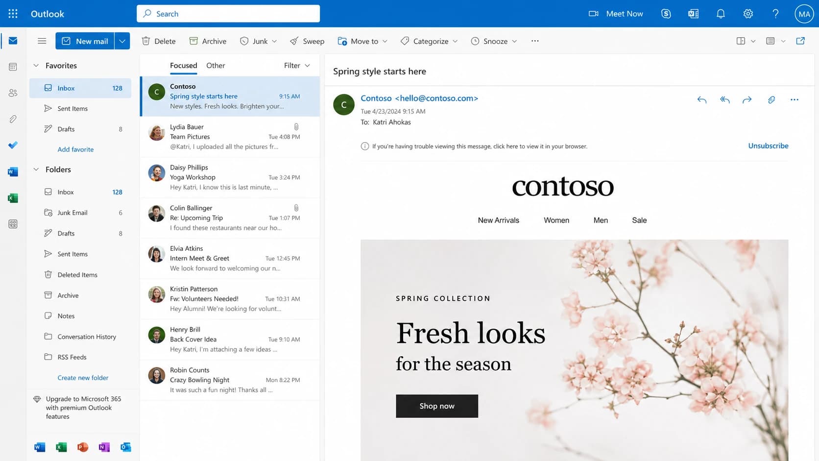 Outlook on the web showing where an unsubscribe action can appear.
