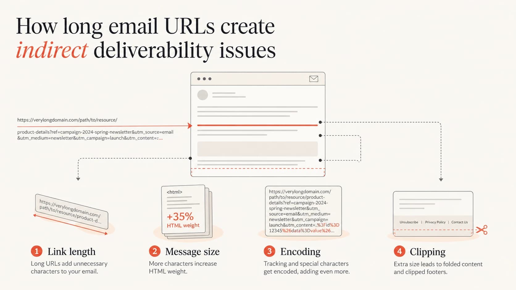 Infographic showing how long URLs can add size, encoding risk, and clipping risk.