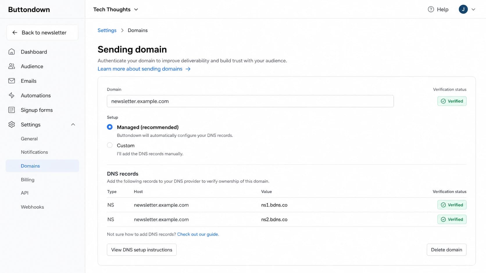 Buttondown Settings Domains screen showing a sending domain setup