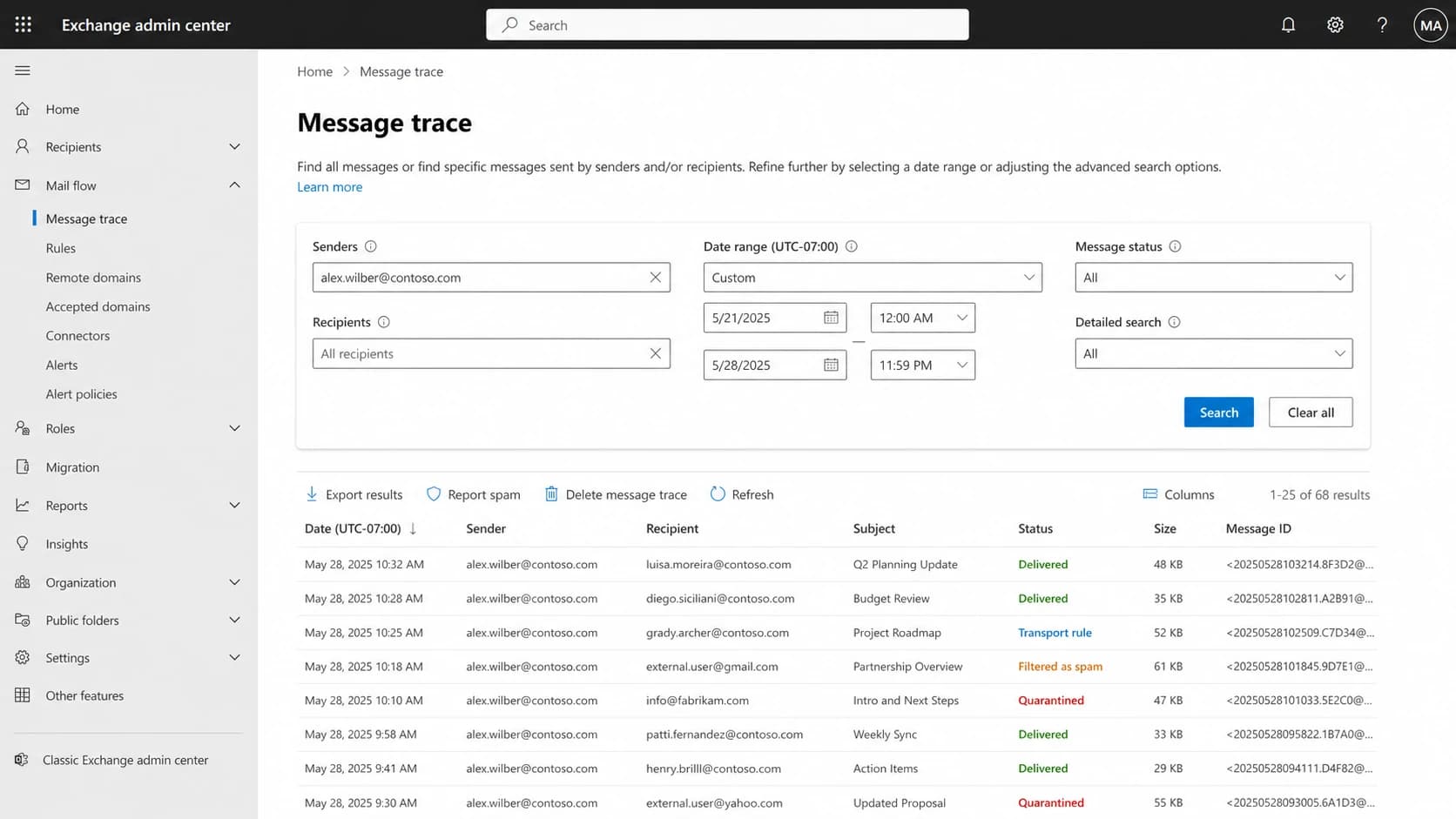 Microsoft Exchange admin center message trace showing delivery statuses