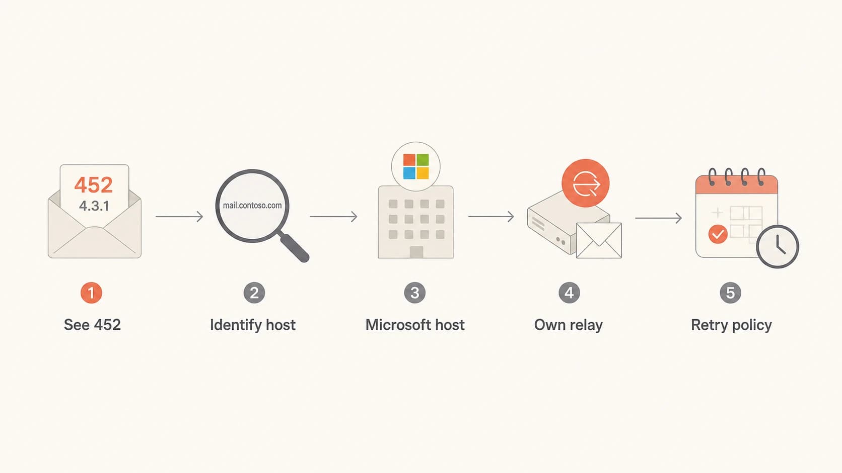 Flowchart showing how to trace a Microsoft 452 4.3.1 response to the responsible host.