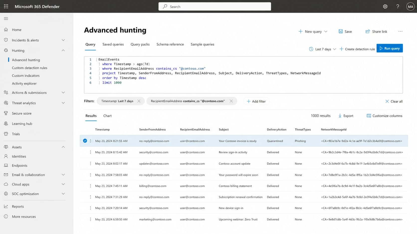Microsoft 365 Defender search showing a quarantined transactional email.