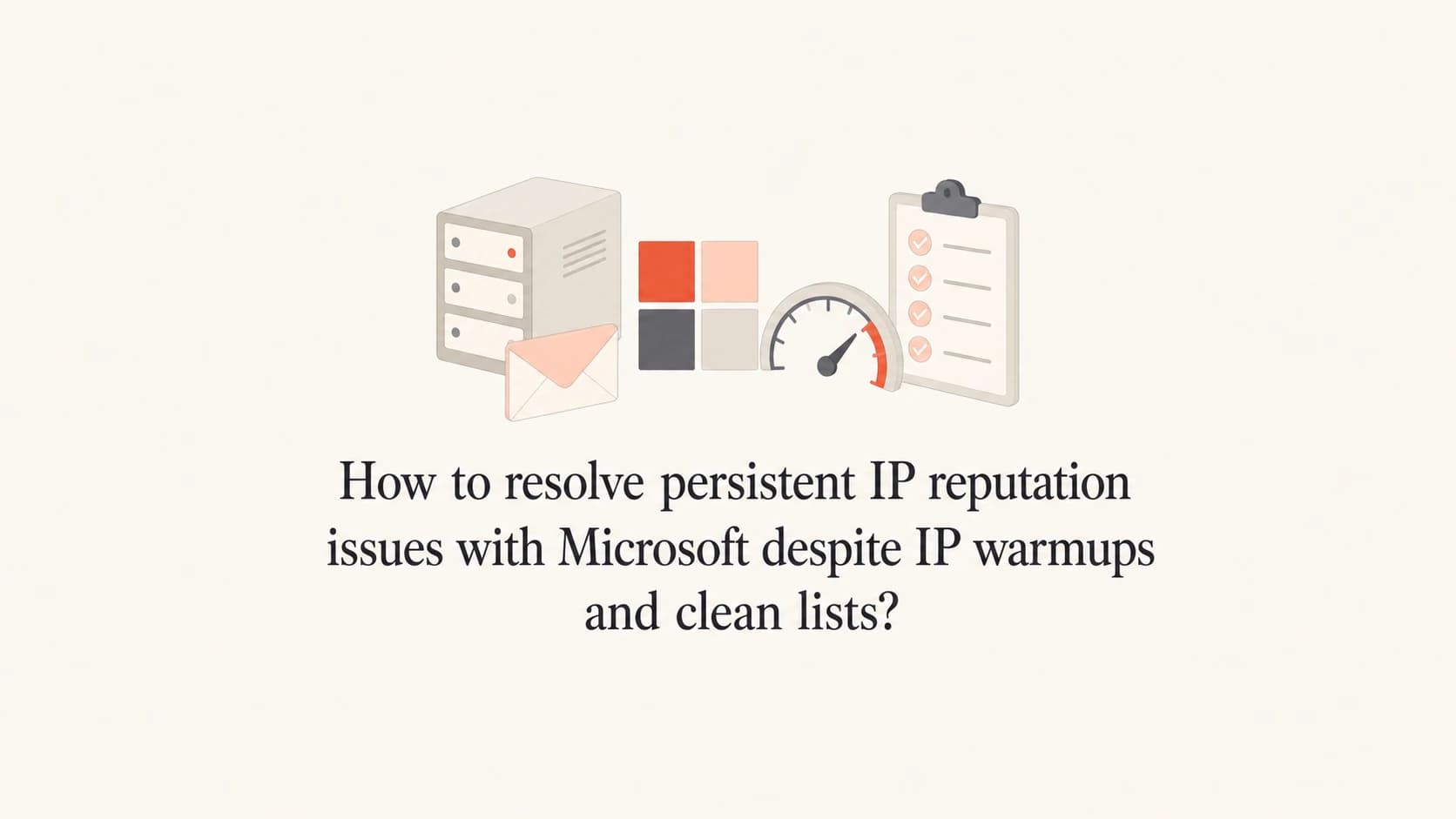 A mail server, rate gauge, and checklist showing Microsoft IP reputation repair.