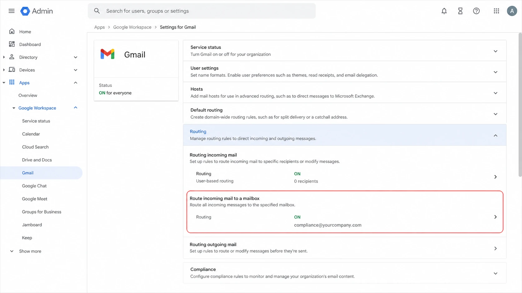 Google Admin console routing settings relevant to plus-addressed mail.