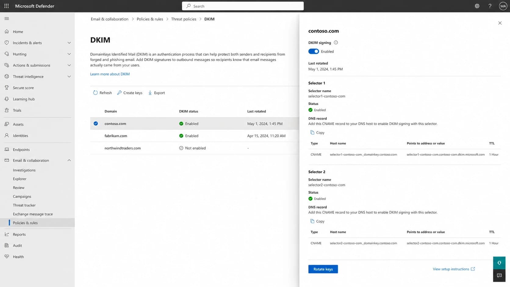 Microsoft Defender portal DKIM settings for a custom domain.
