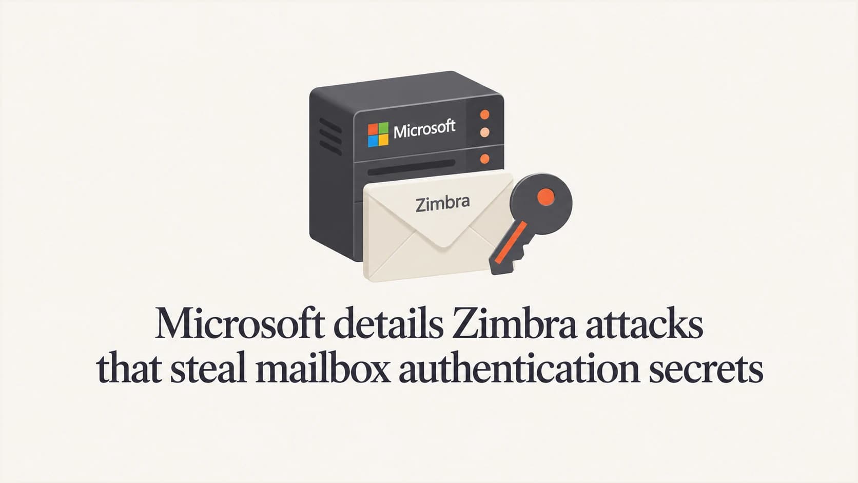 Mail server, envelope, and authentication key illustration for the Zimbra attack report.