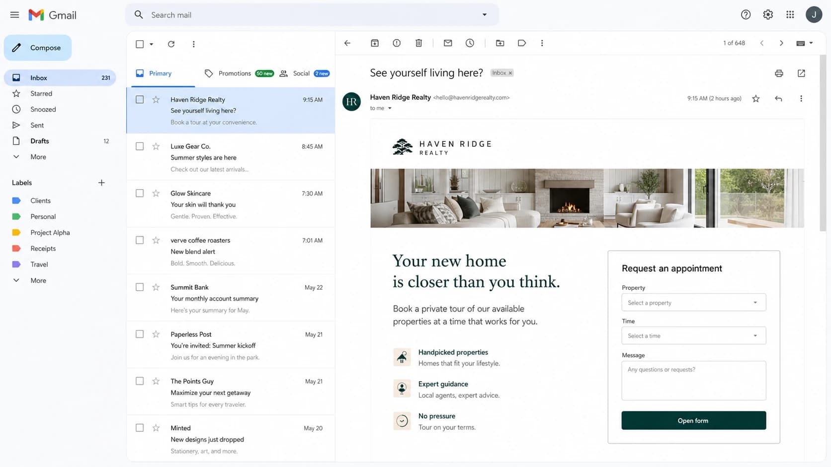 Gmail webmail showing an opened email with an appointment form and fallback CTA.